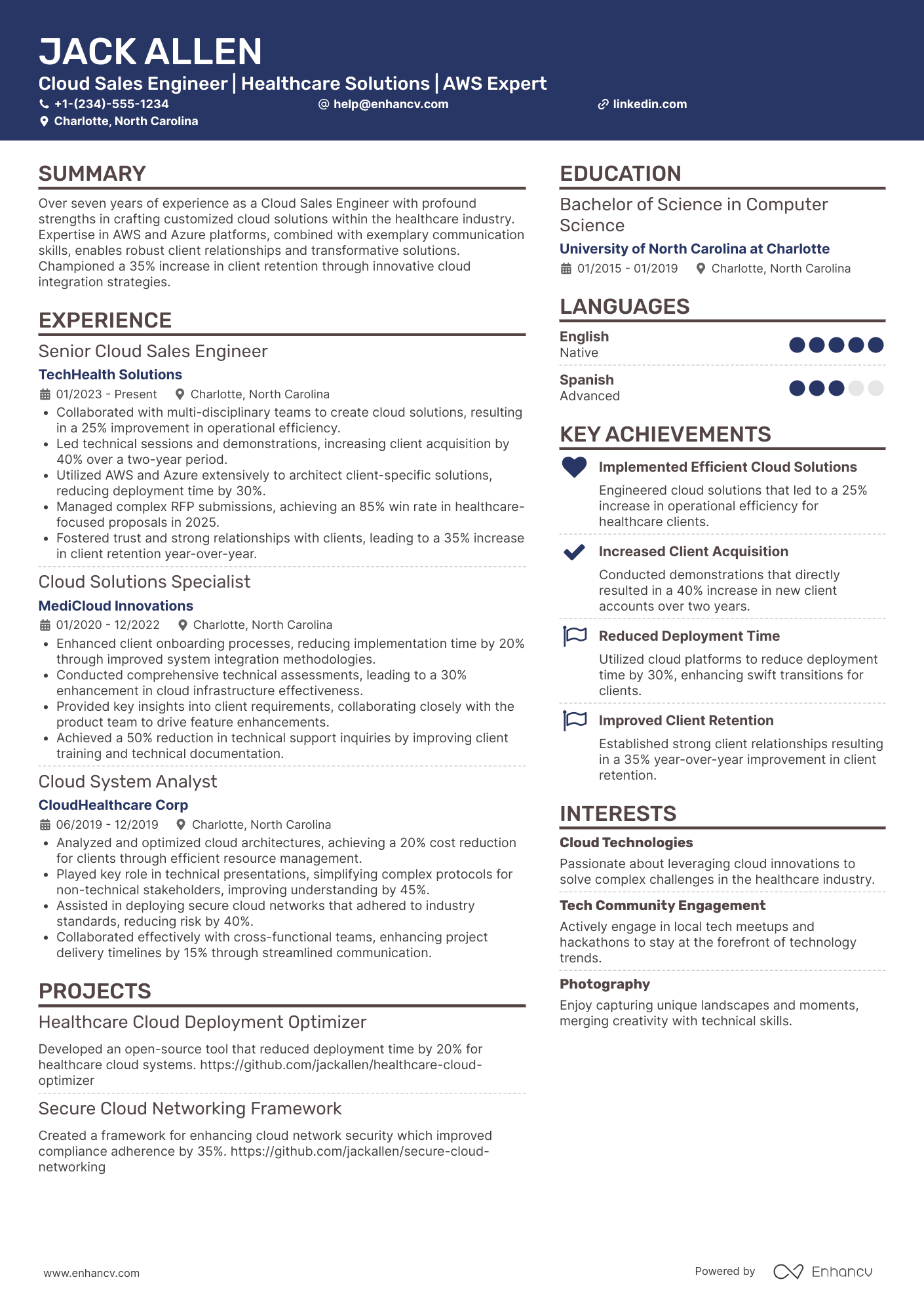 A resume example of a Cloud Sales Engineer