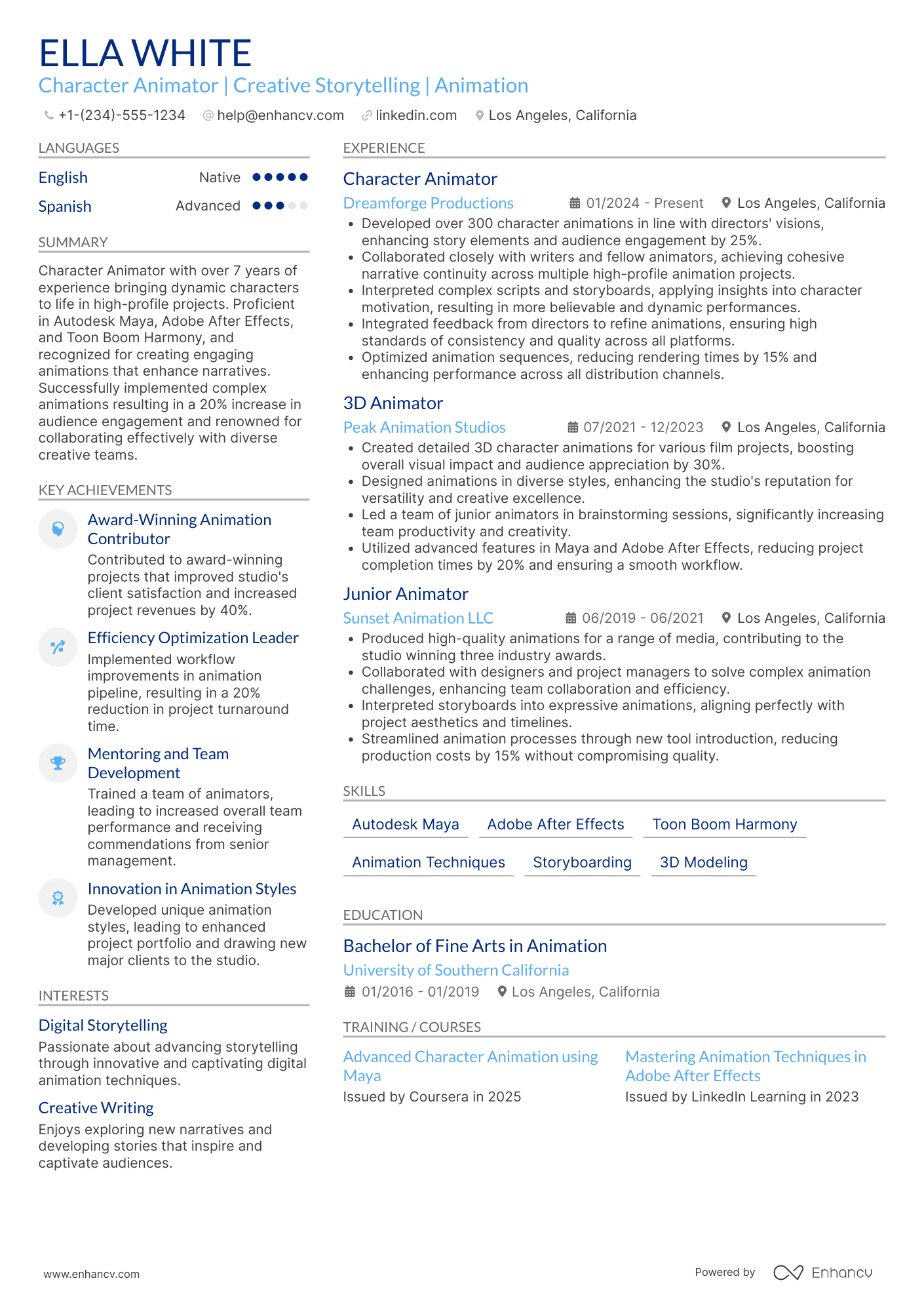 A resume example of a Character Animator