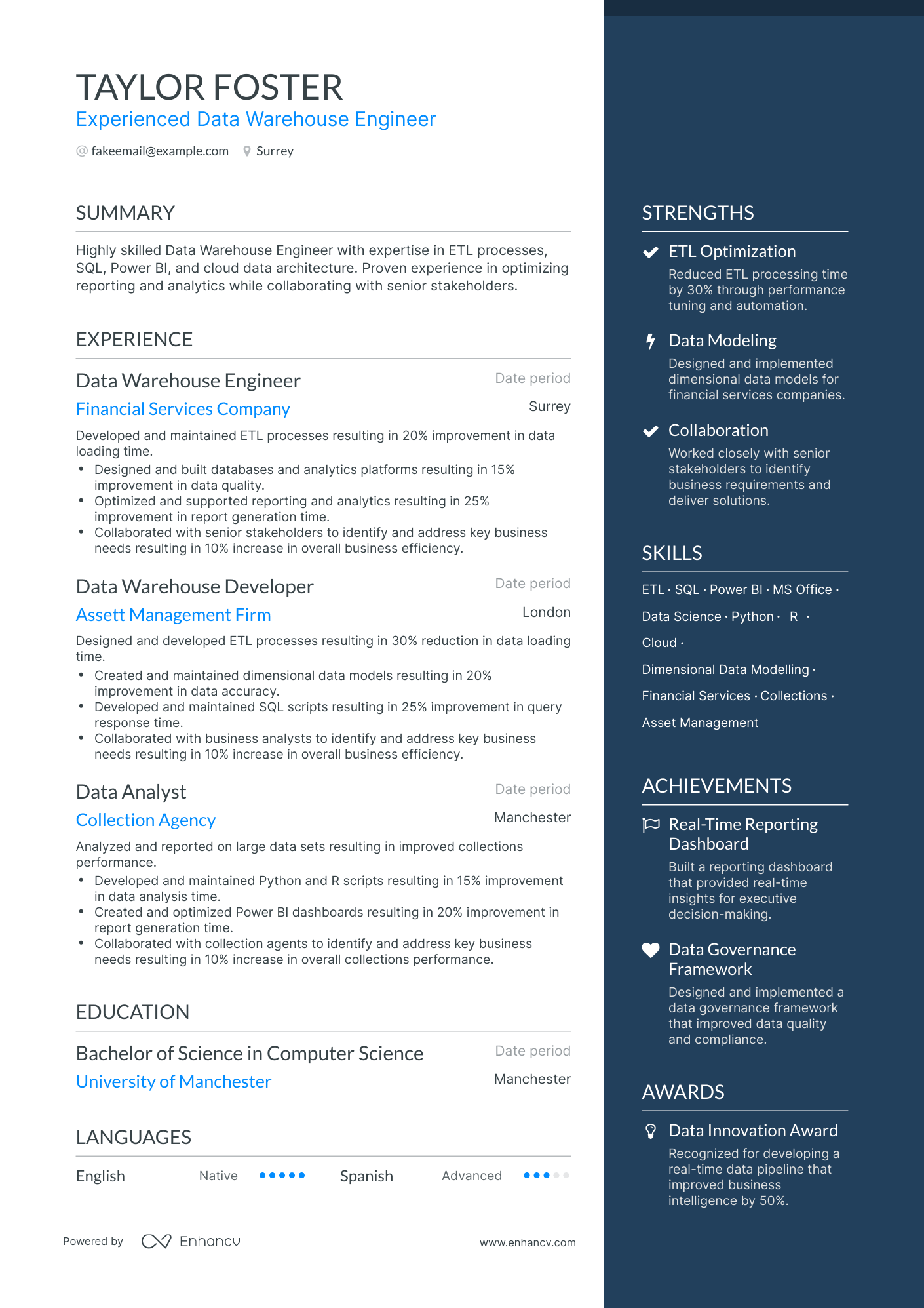 One Page Data Warehouse Engineer Resume Template