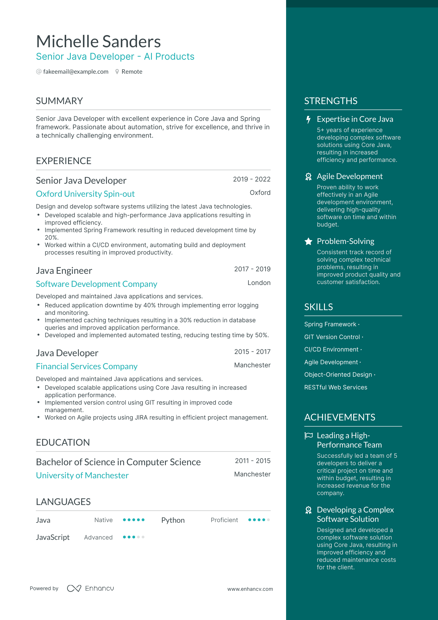 sample resume for senior java developer