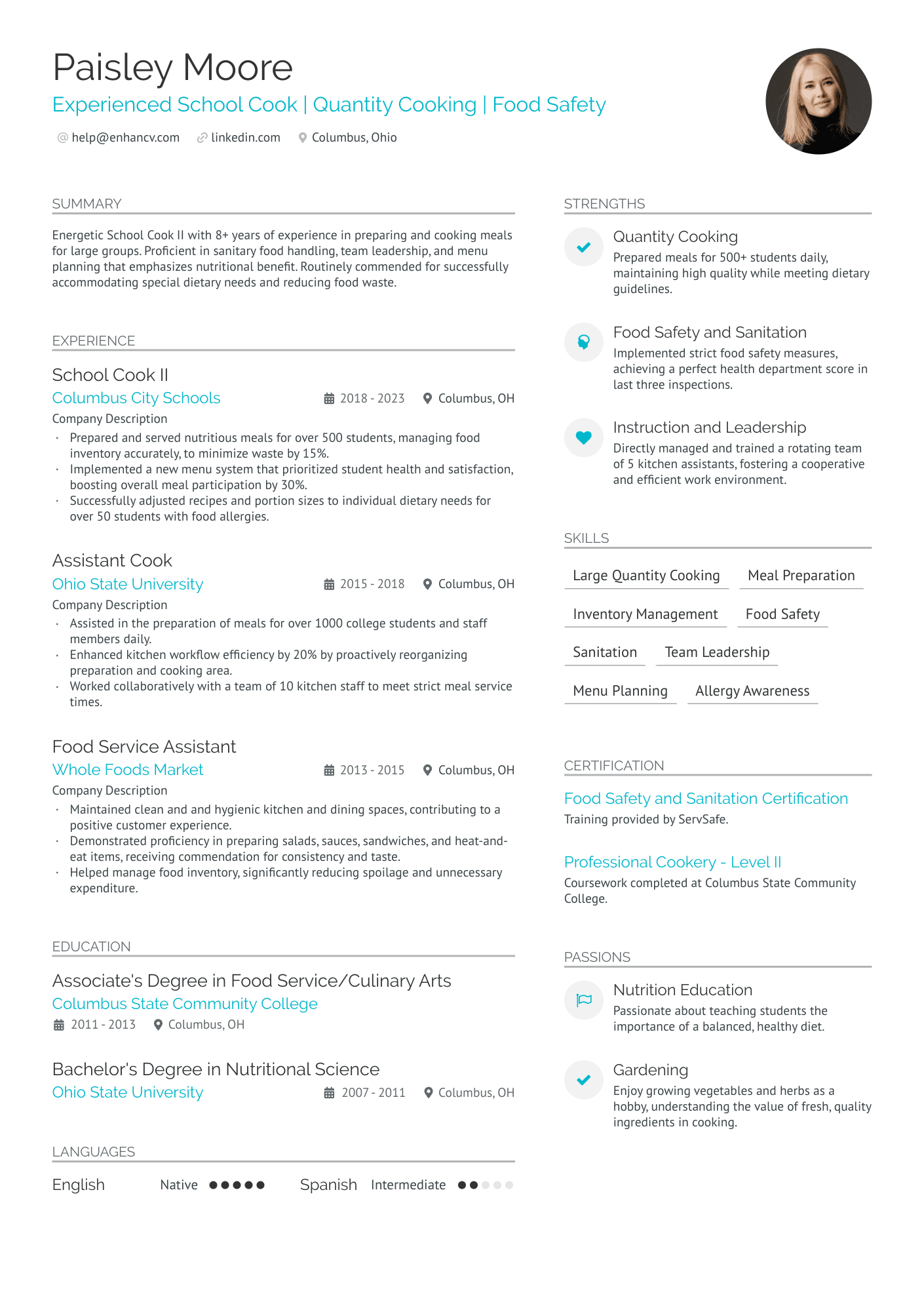 resume sample cook position