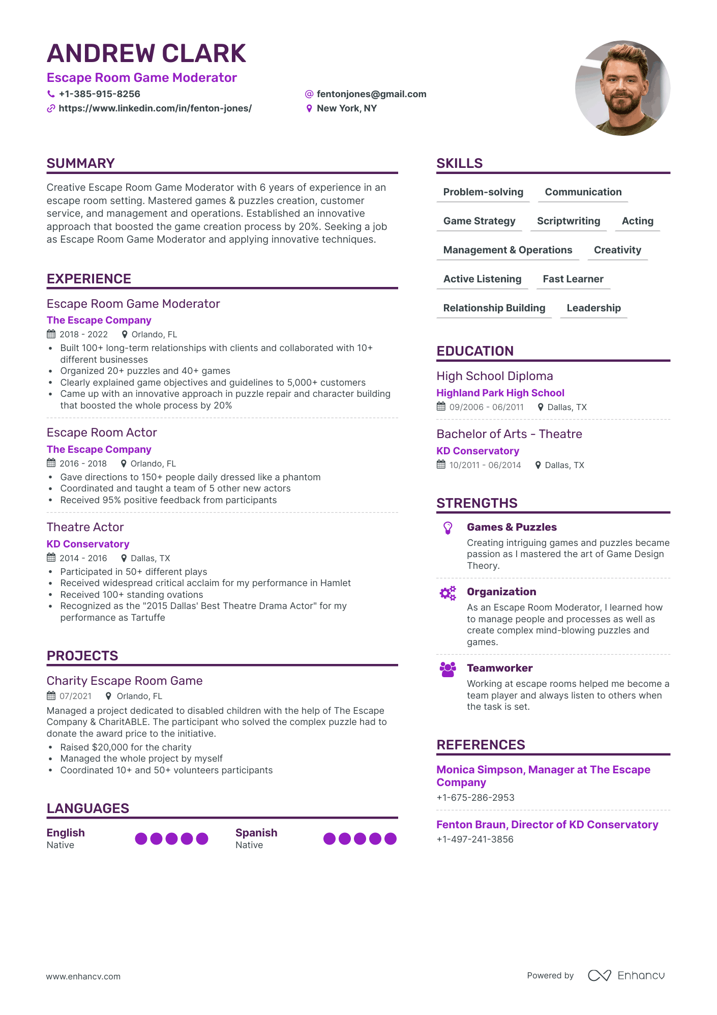 Simple Escape Room Manager Resume Template