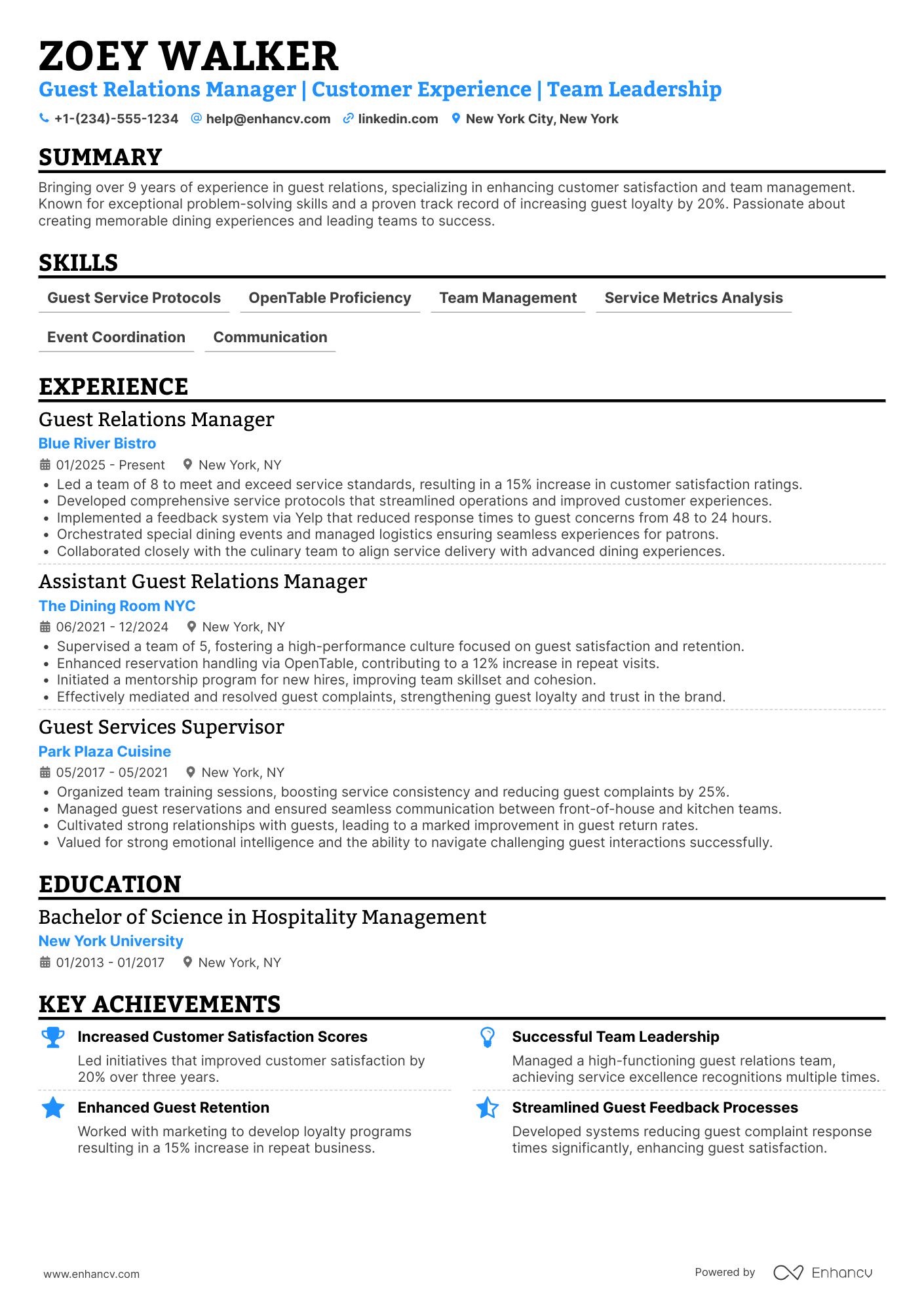 A resume example of a Restaurant Guest Relations Manager