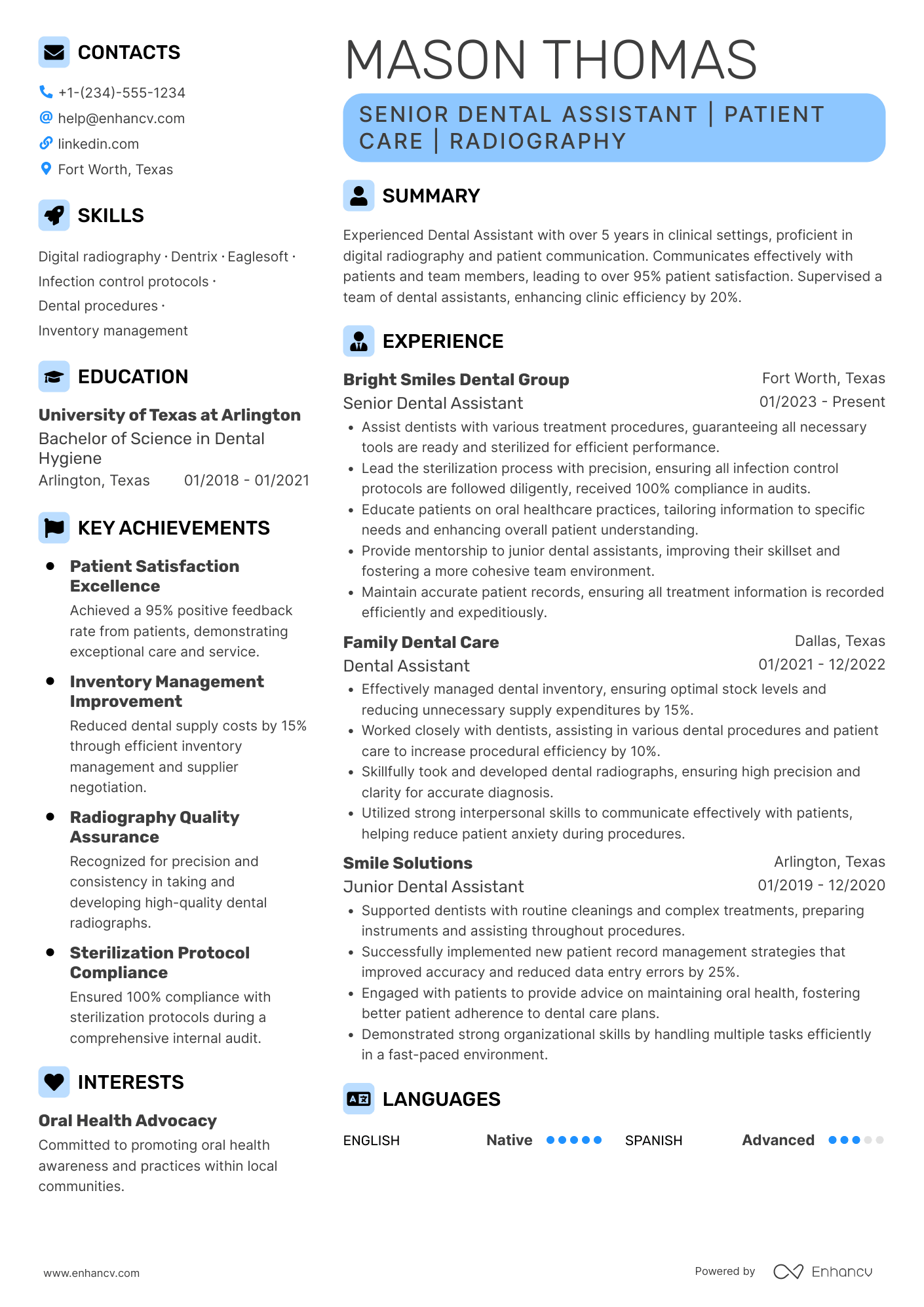 A resume example of a Senior Dental Assistant