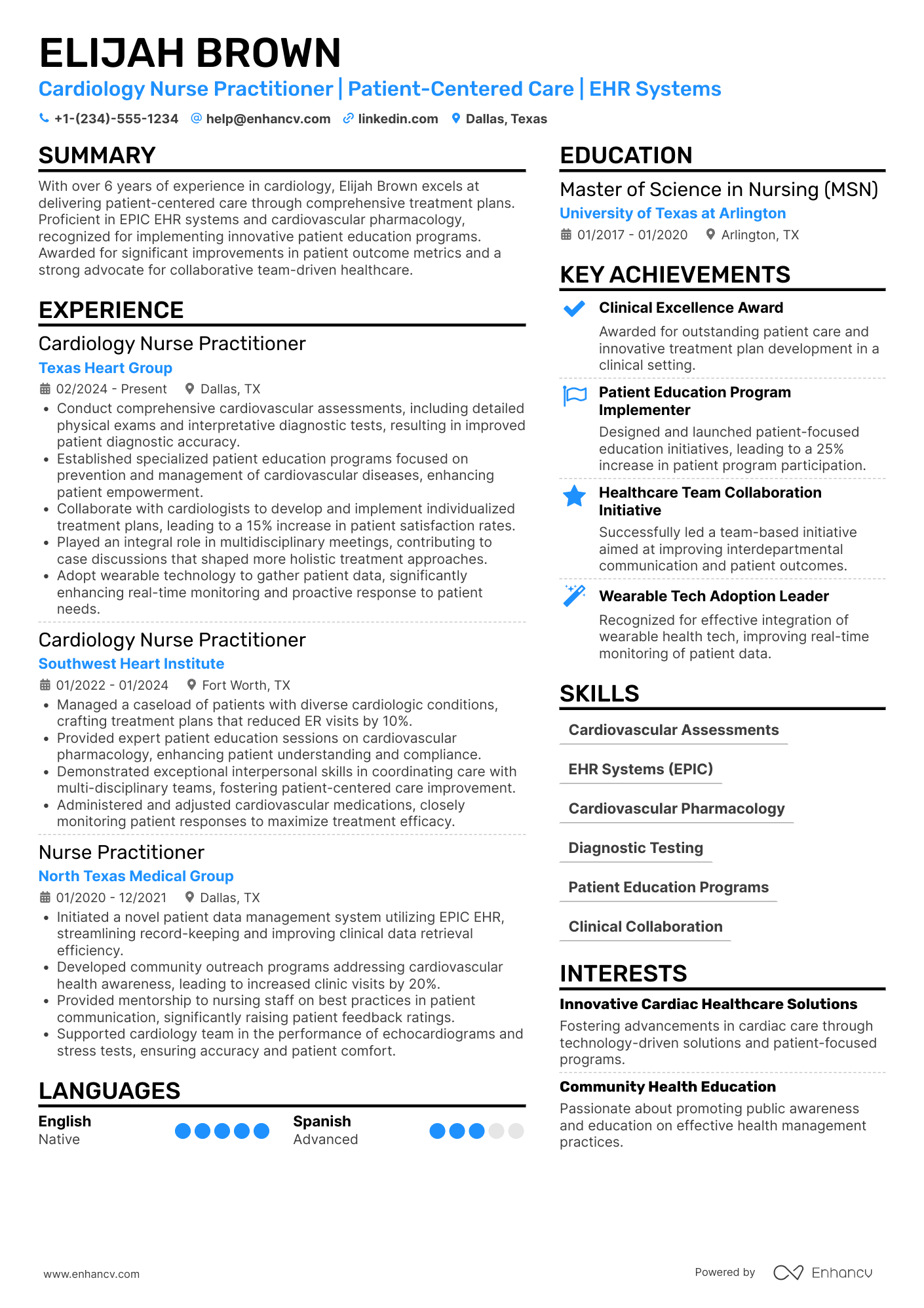 A resume example of a Cardiology Nurse Practitioner