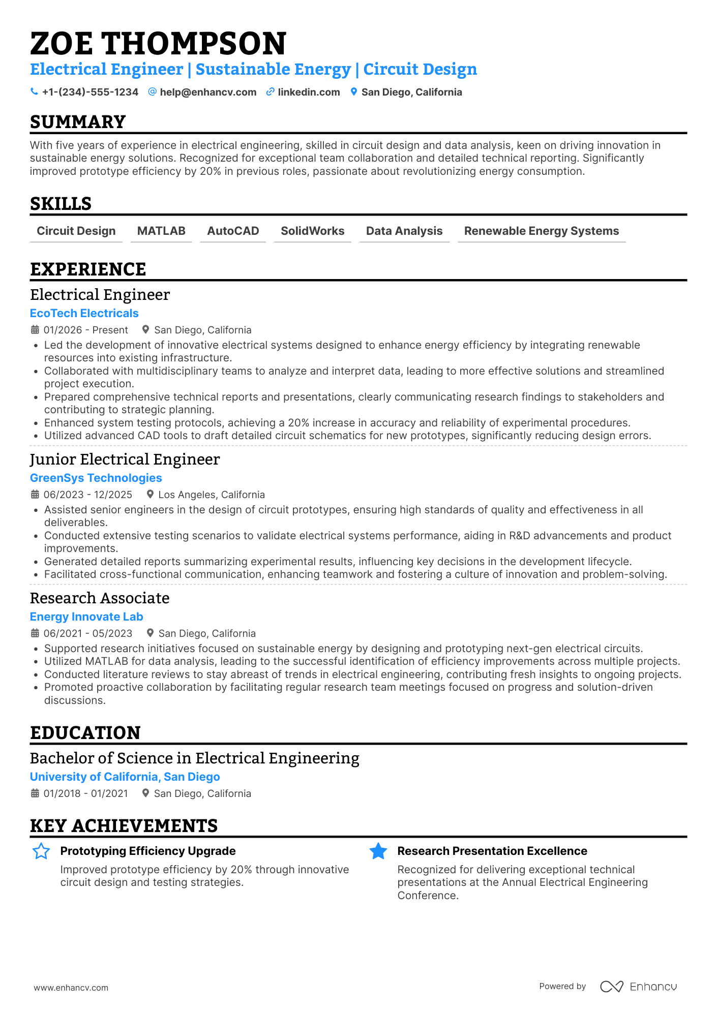 A resume example of a Electrical Engineering Research Assistant