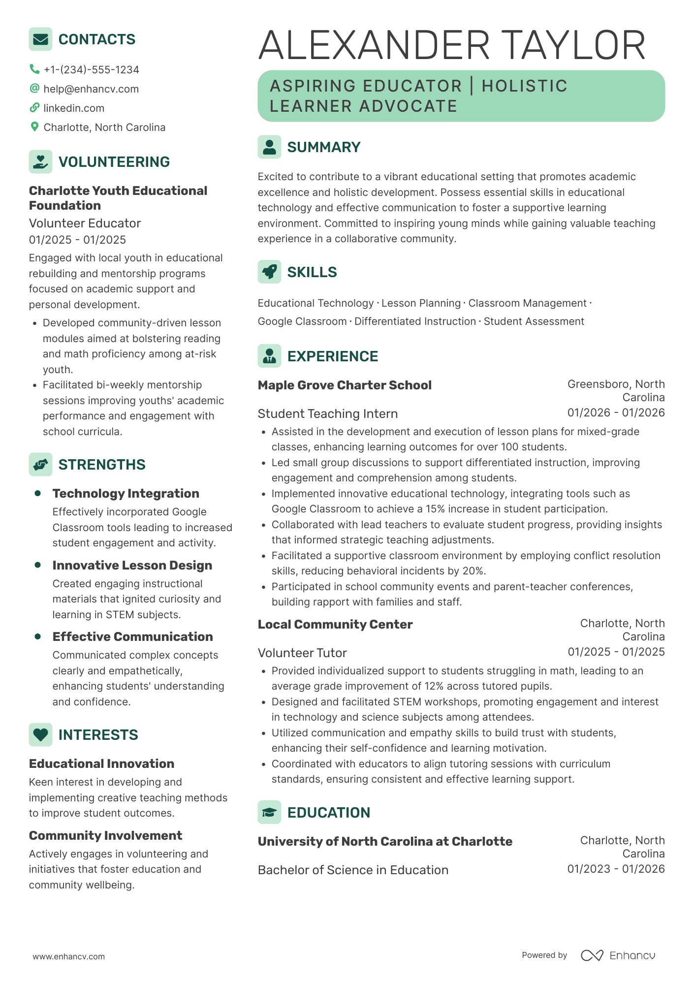 A resume example of a Beginner Student Teacher