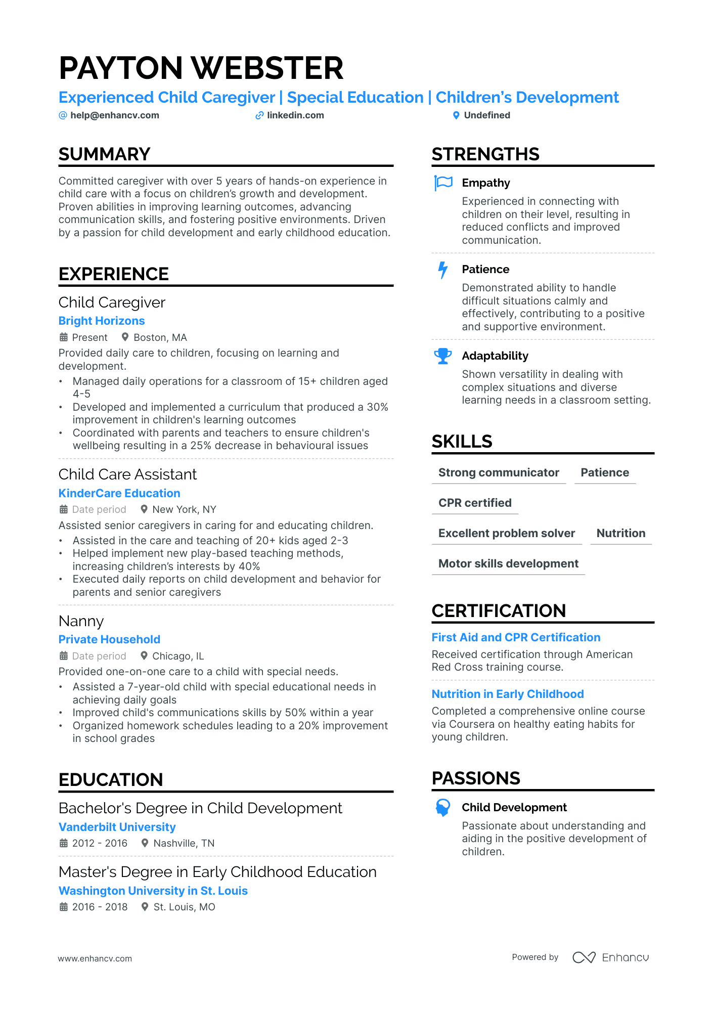 A resume example of a Child Caregiver