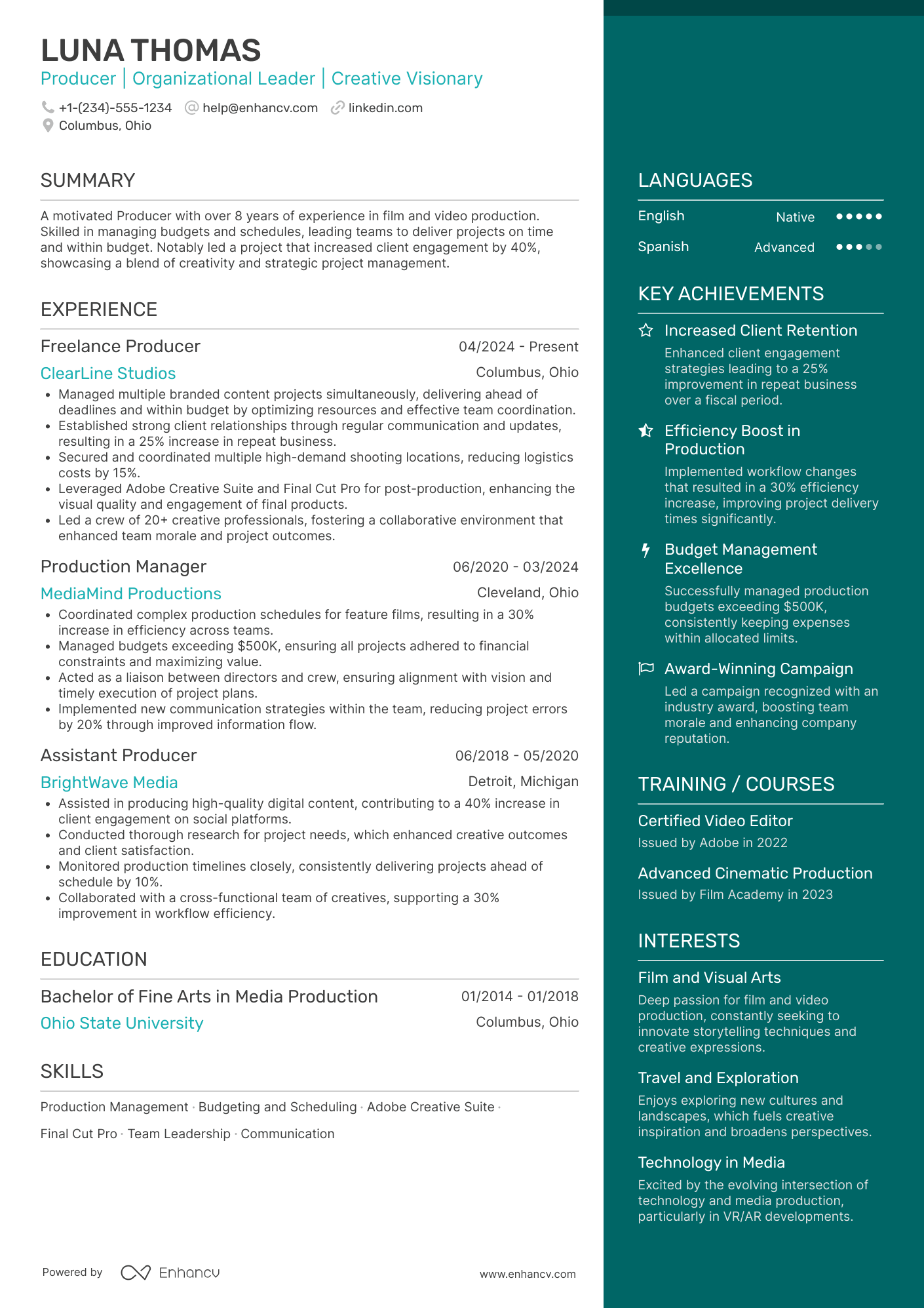 A resume example of a Freelance Producer