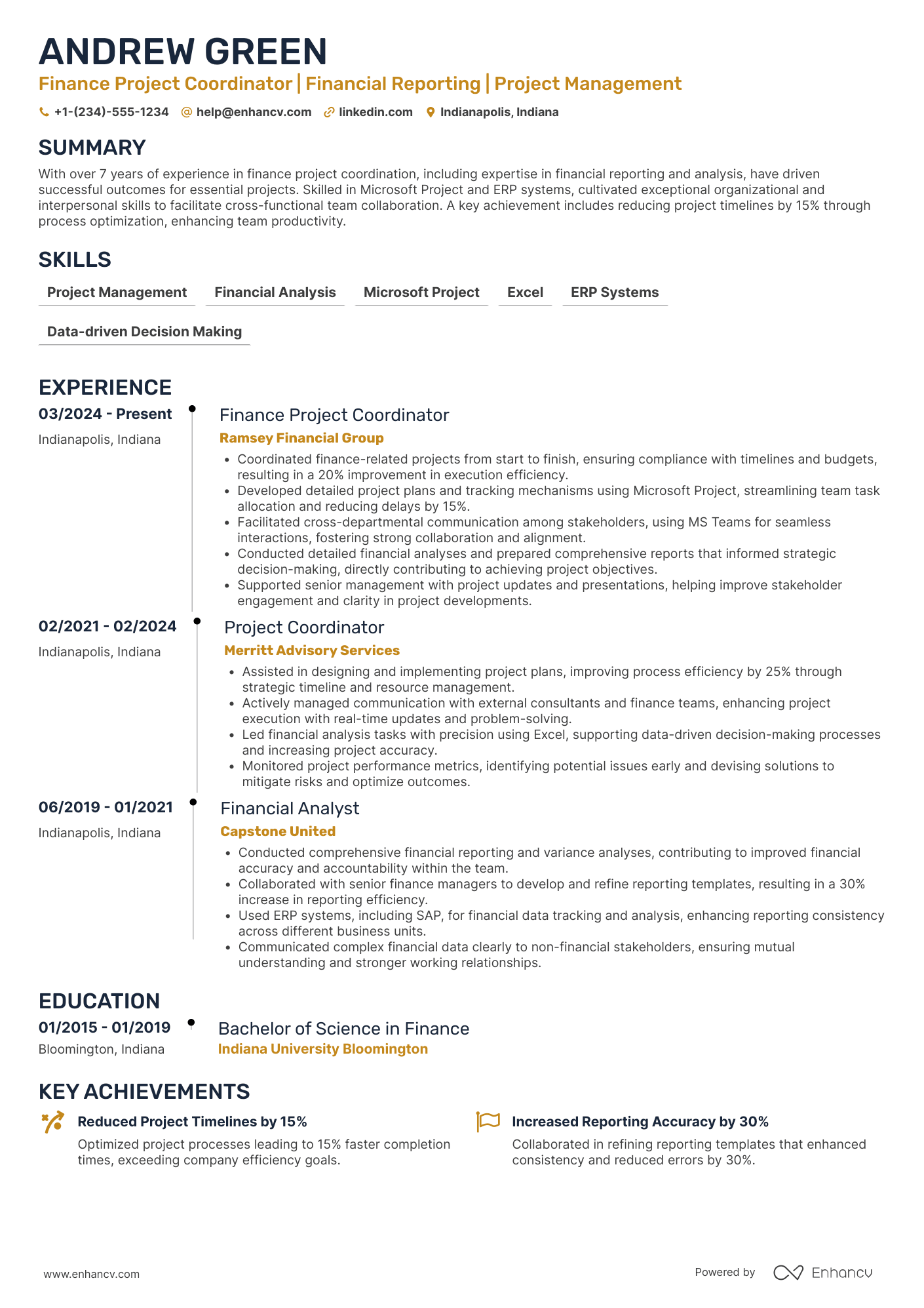 A resume example of a Finance Project Coordinator