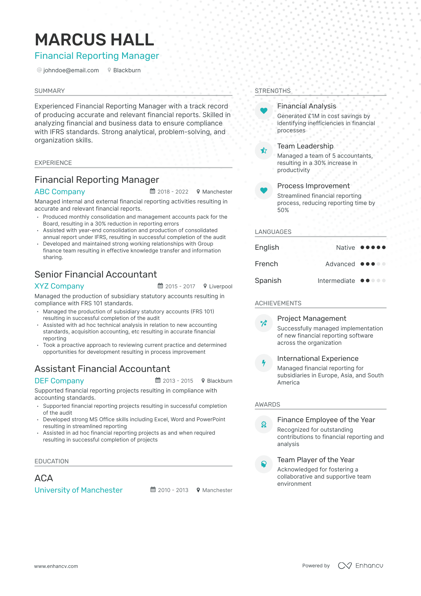 Modern Financial Reporting Manager Resume Template