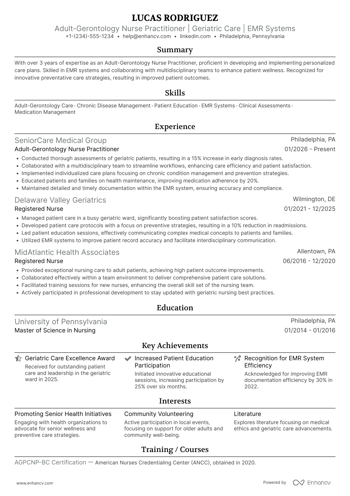 A resume example of a Adult Gerontology Nurse Practitioner (AGNP)