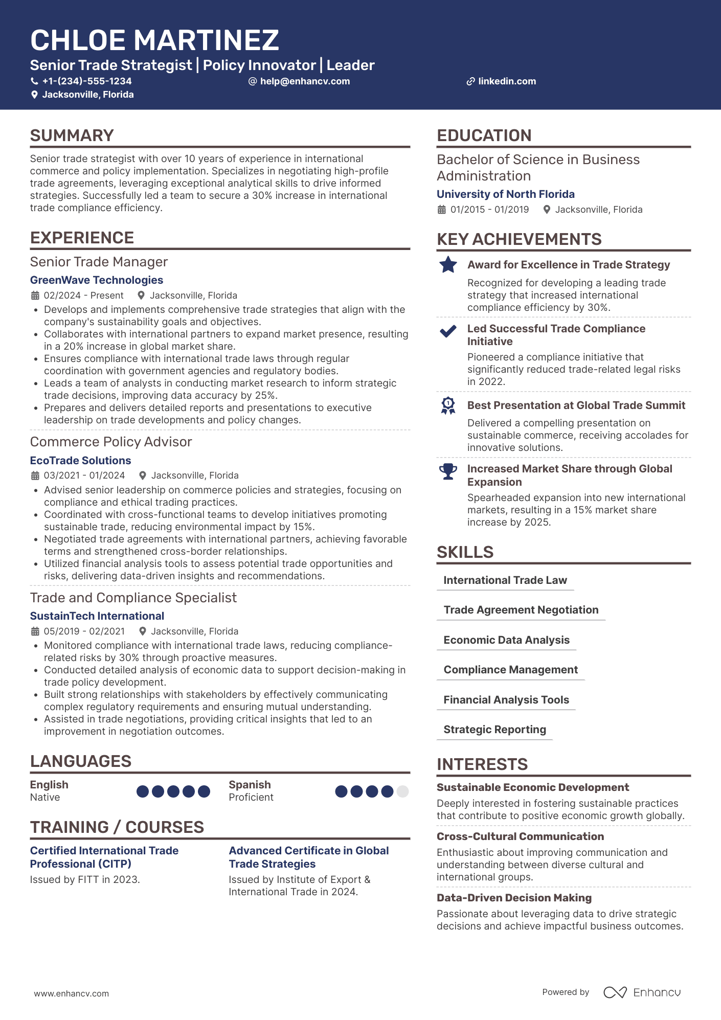 A resume example of a Secretary of Commerce