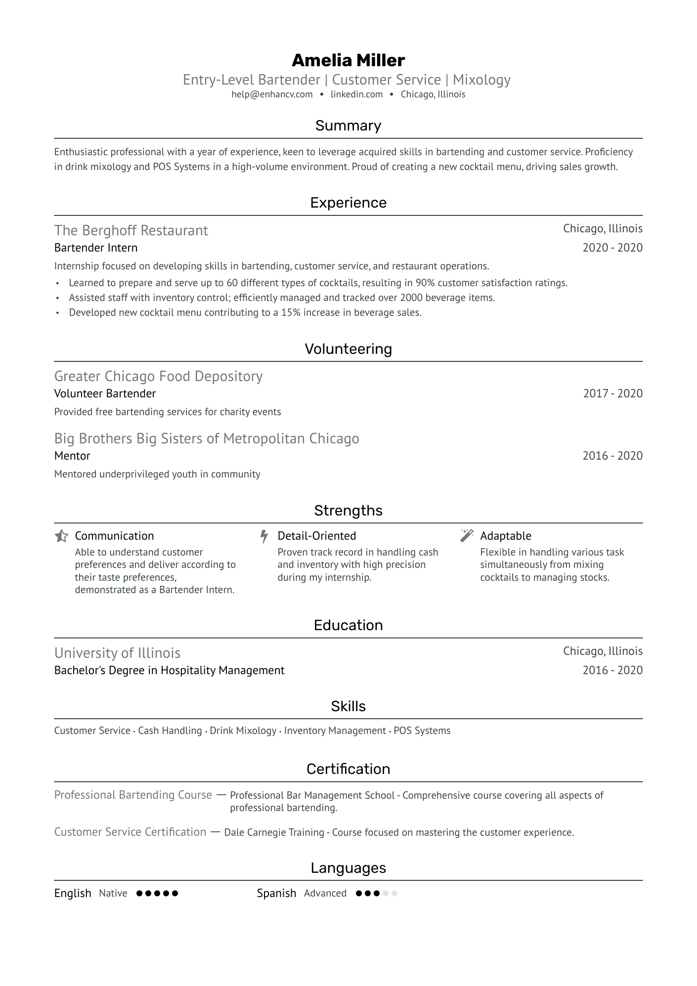 examples of bartender resume