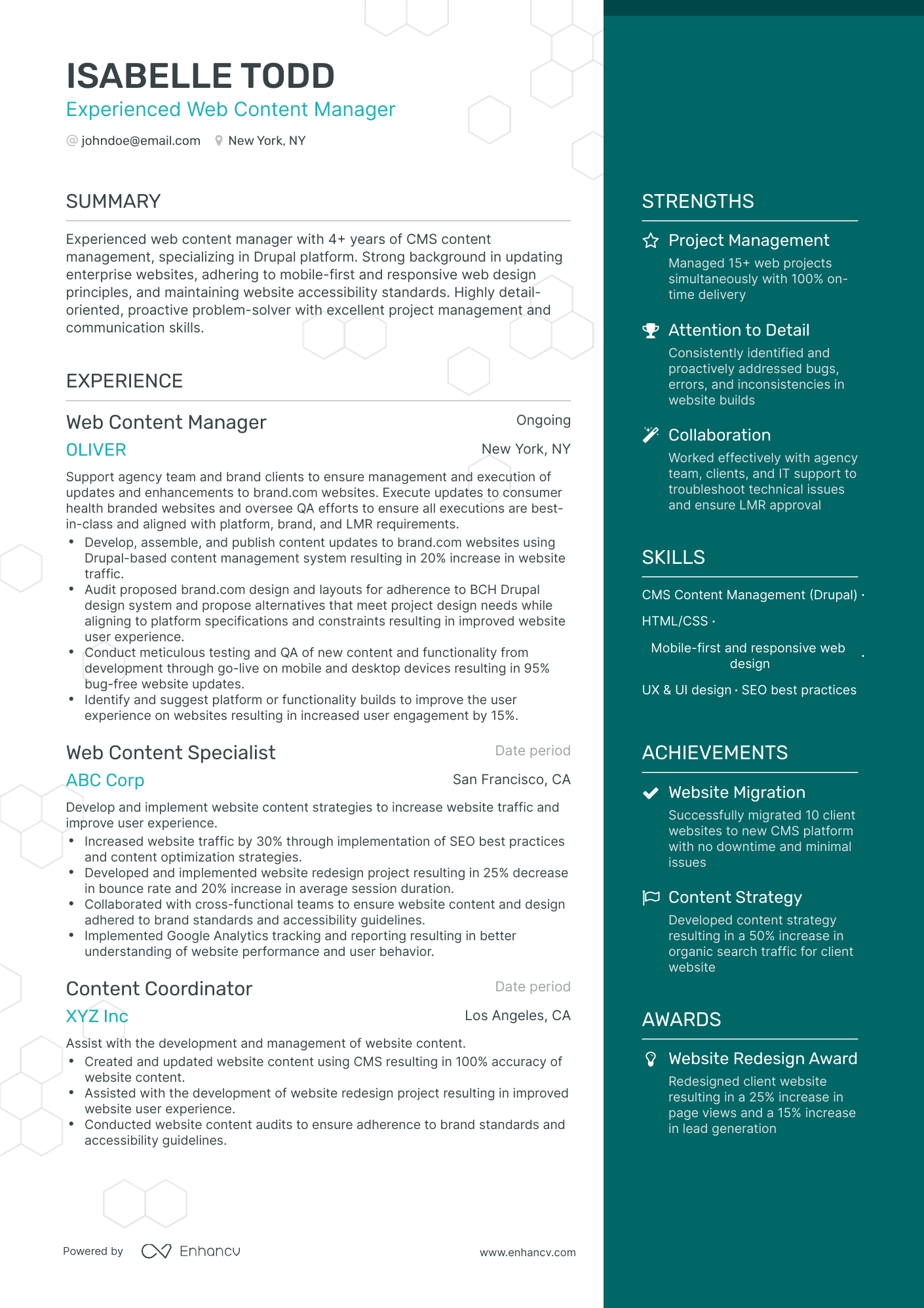 One Page Web Content Manager Resume Template