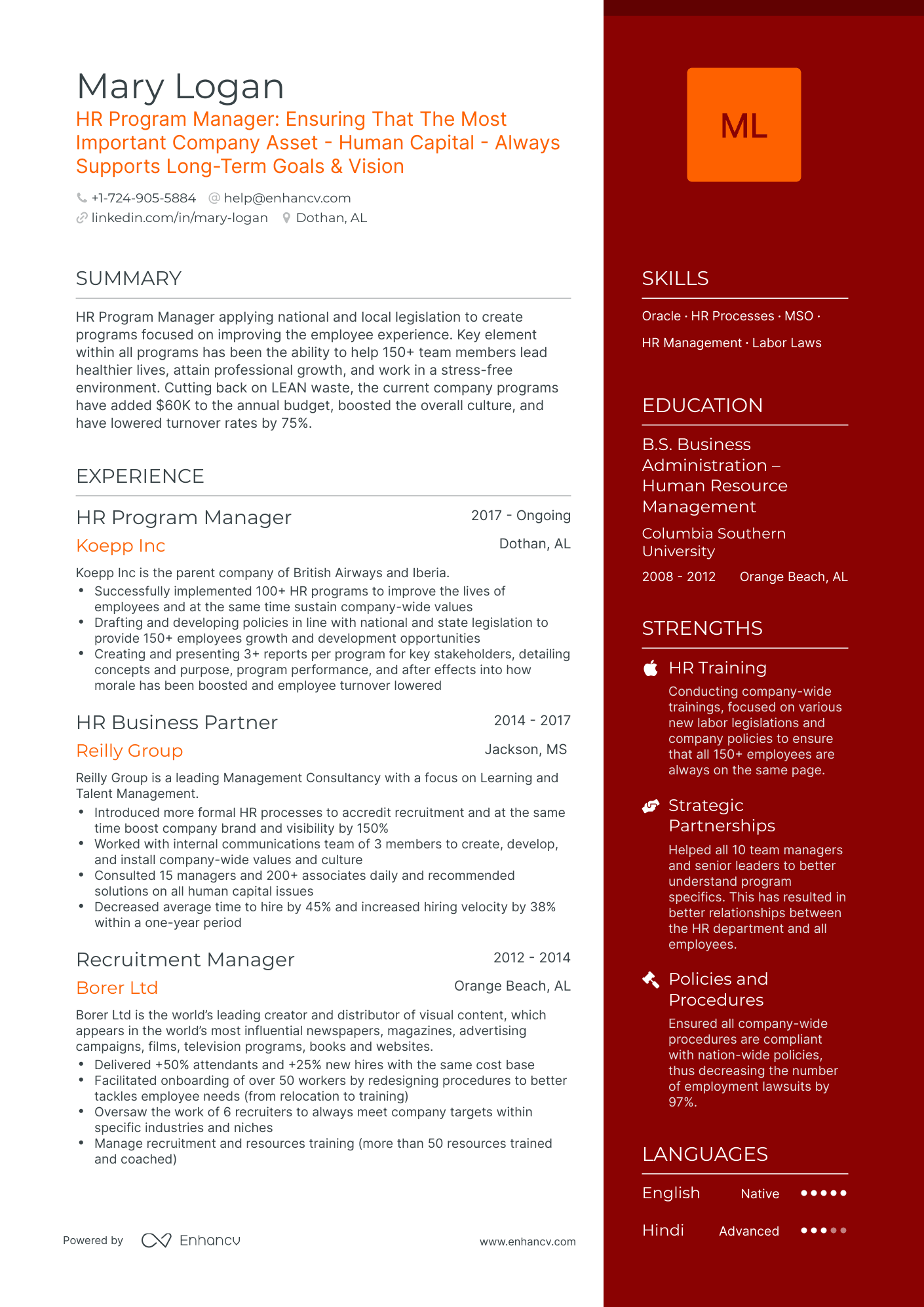 One Page HR Program Manager Resume Template