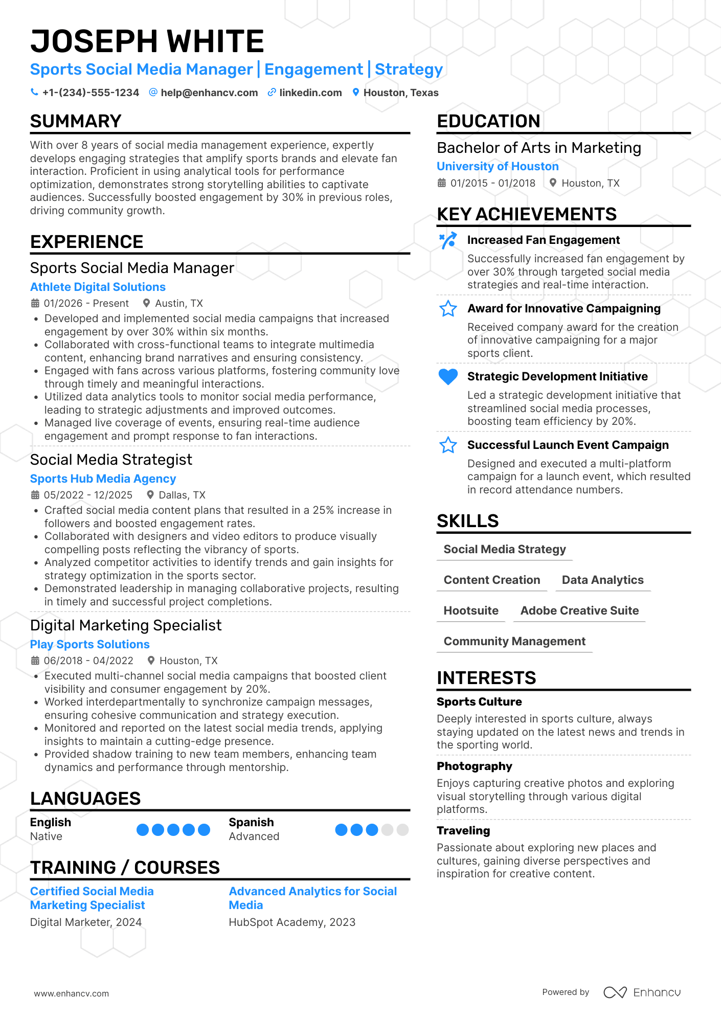 A resume example of a Sports Social Media Manager