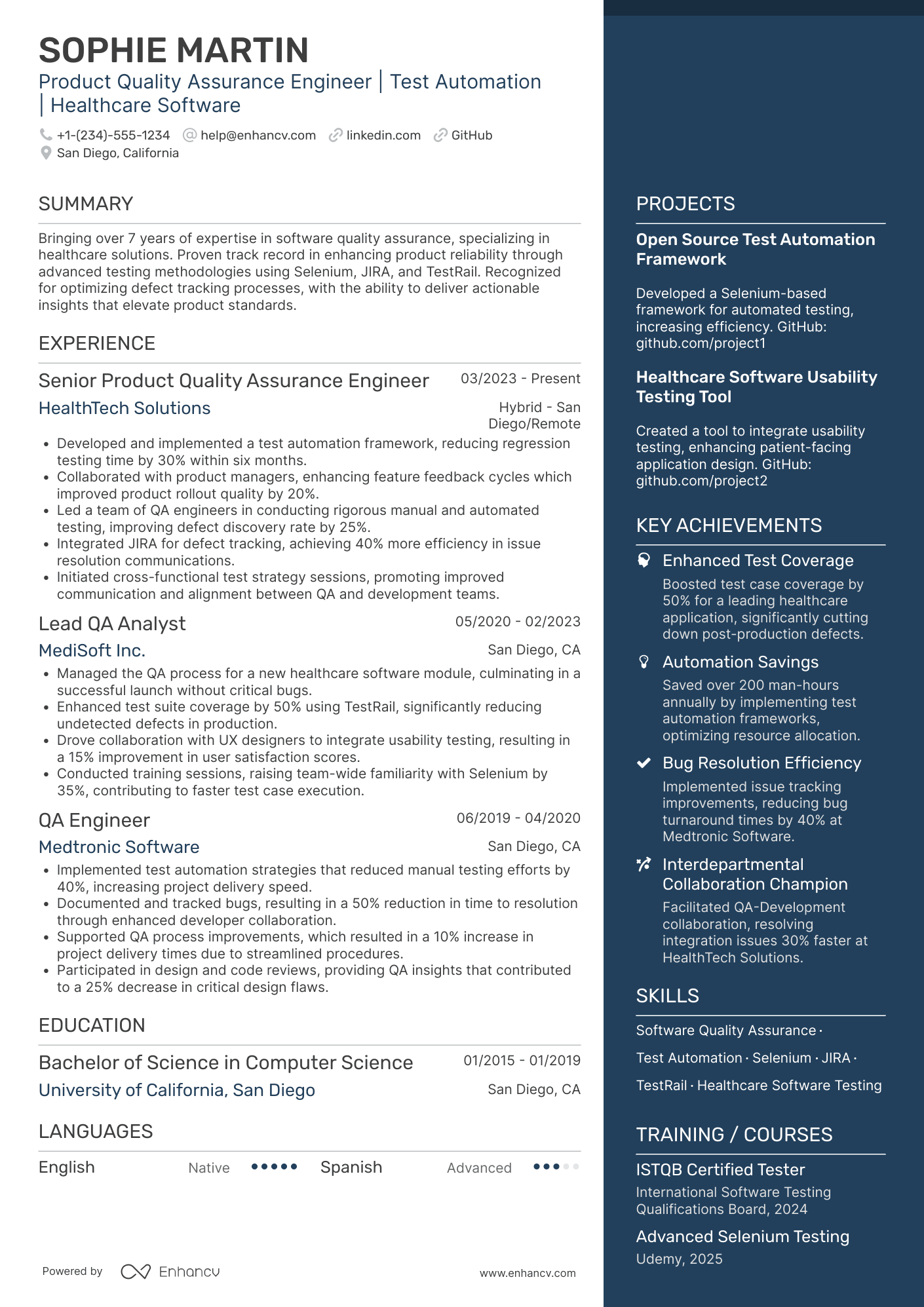 A resume example of a Product Quality Assurance Engineer