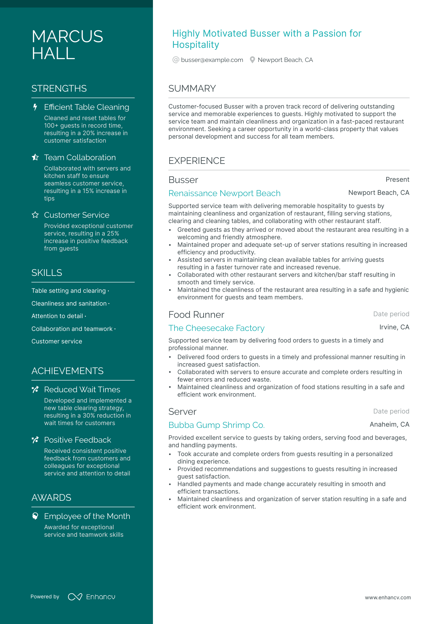 A resume example of a Busser