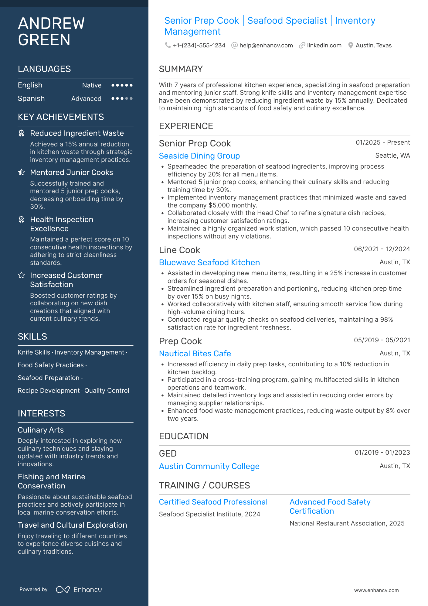 A resume example of a Senior Prep Cook