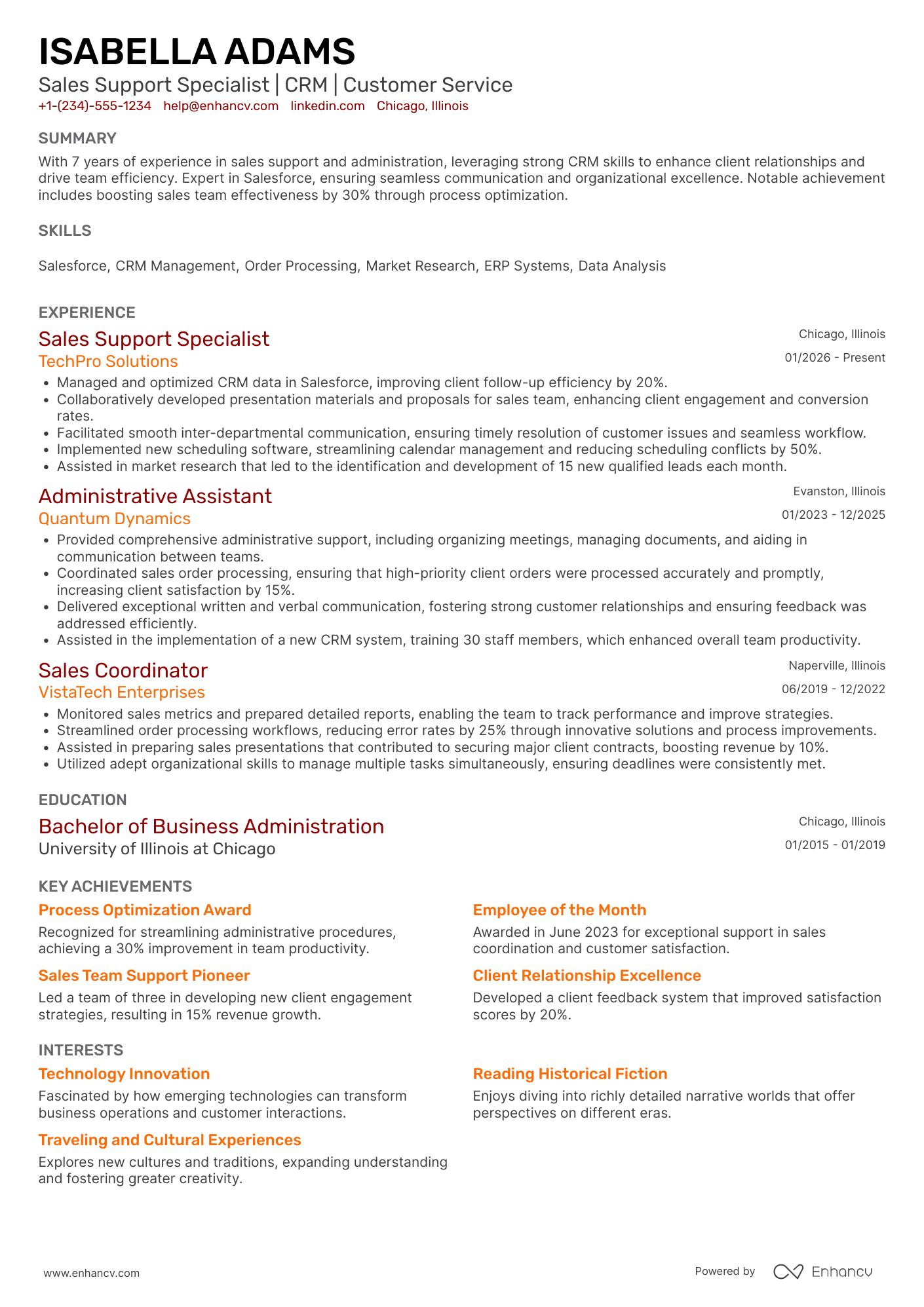 A resume example of a Sales Support Specialist