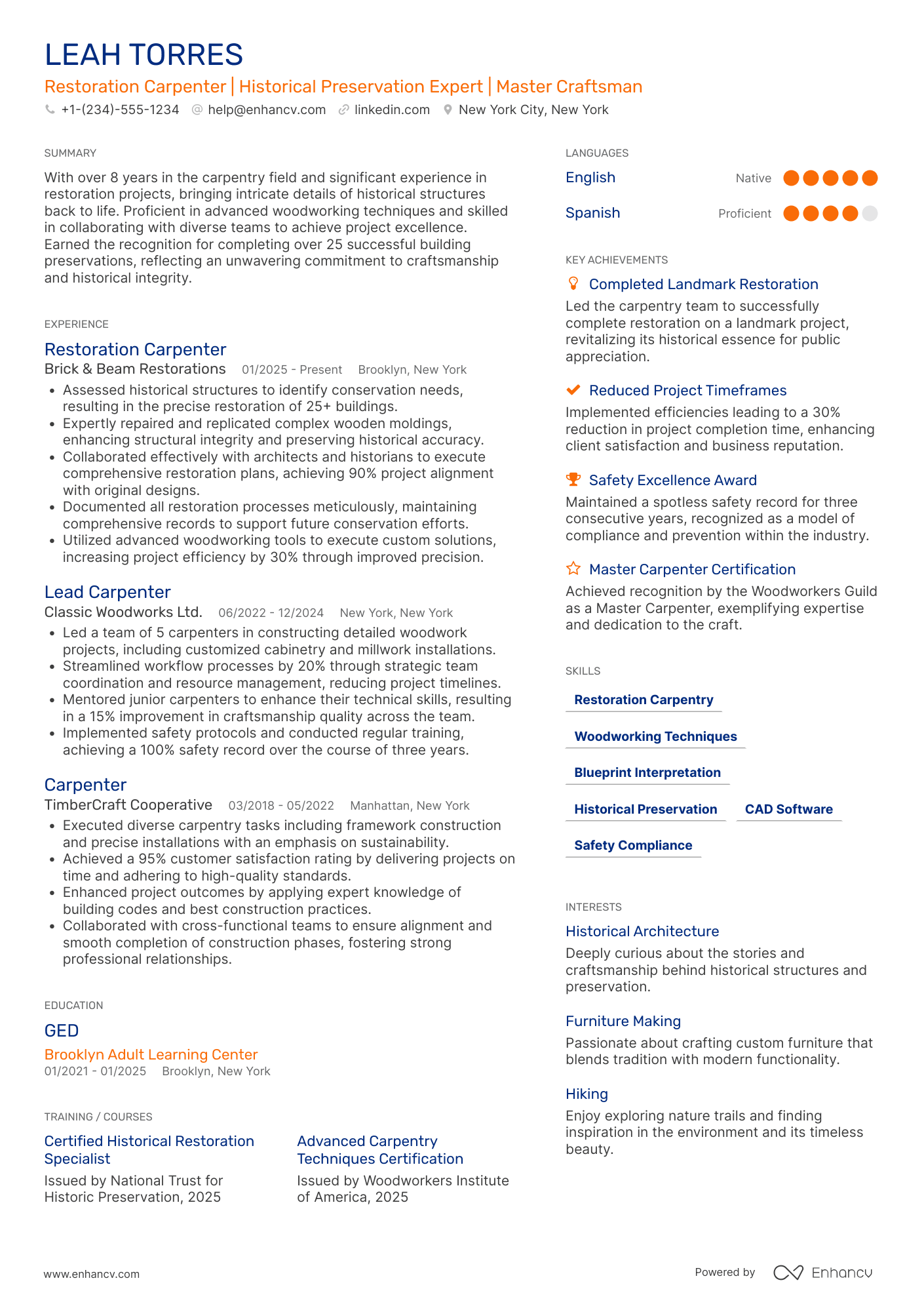 A resume example of a Restoration Carpenter