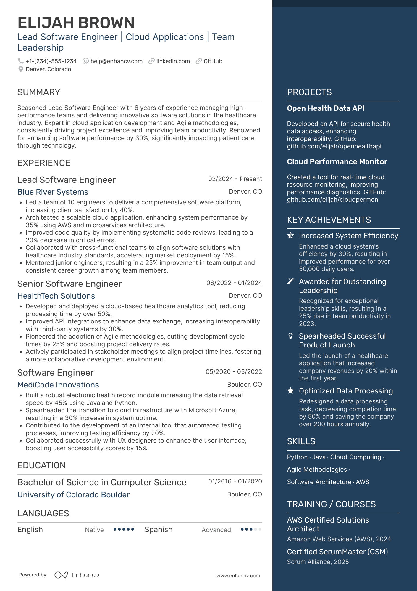 A resume example of a Lead Software Engineer