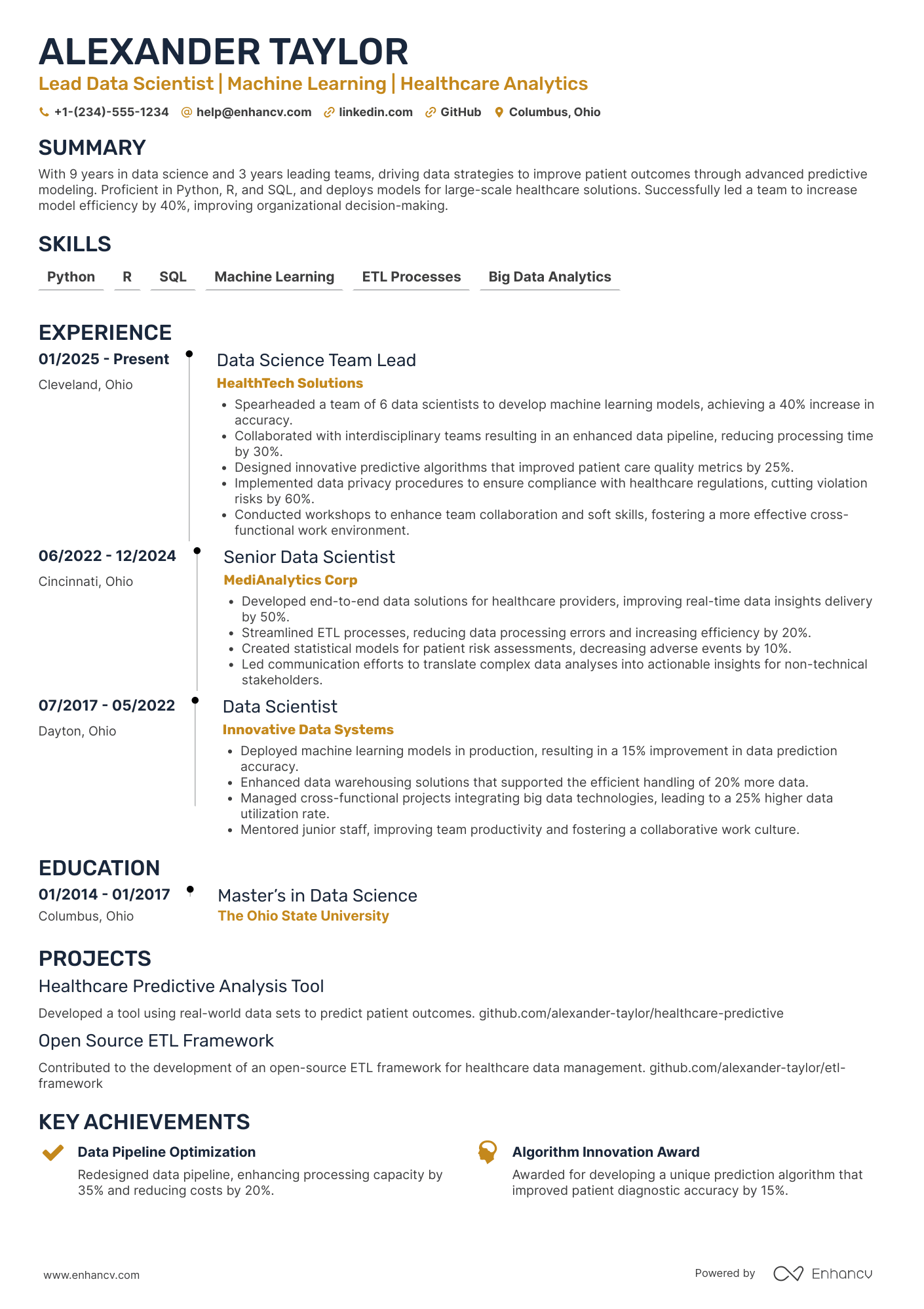 A resume example of a Lead Data Scientist