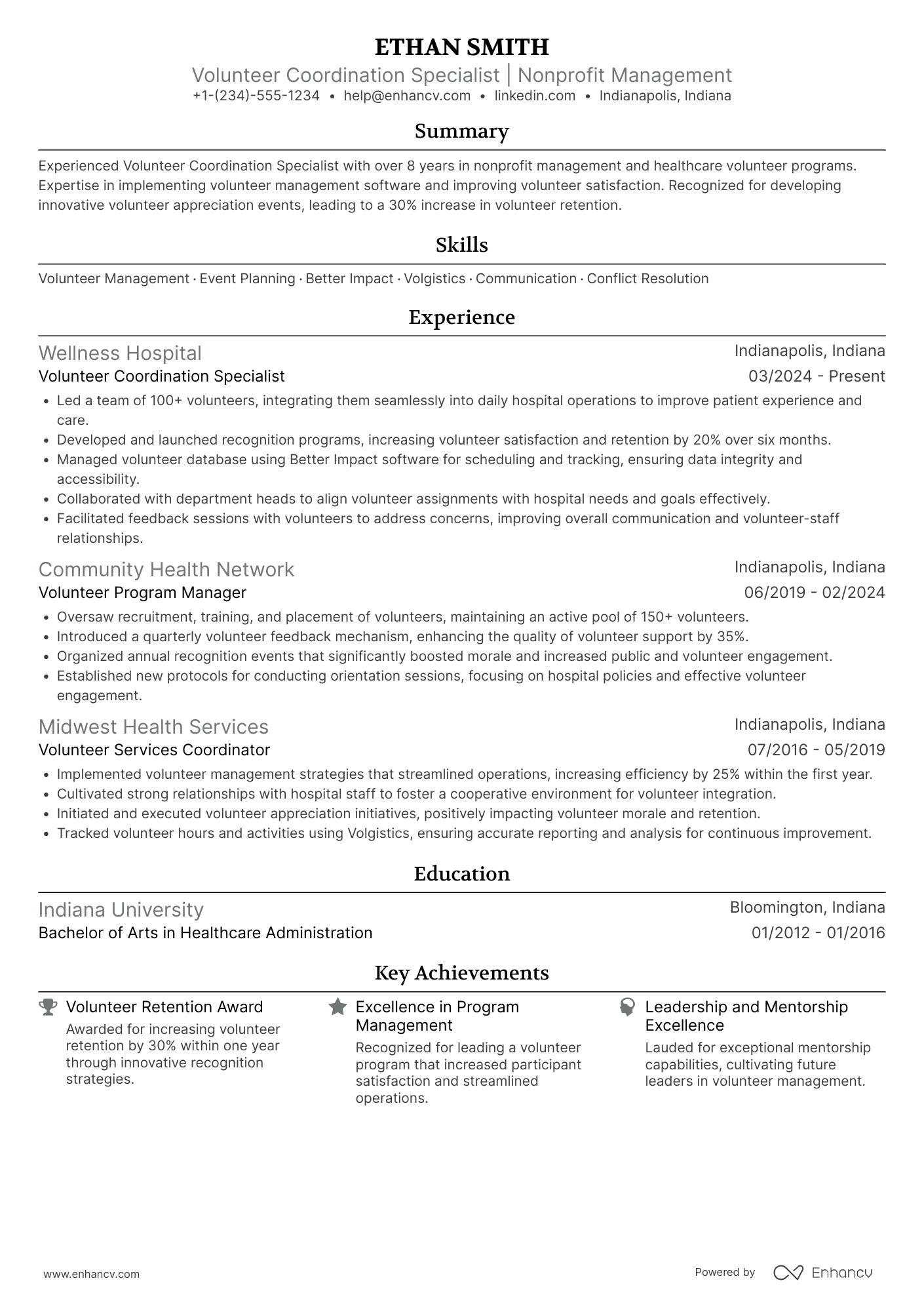 A resume example of a Hospital Volunteer Services Specialist