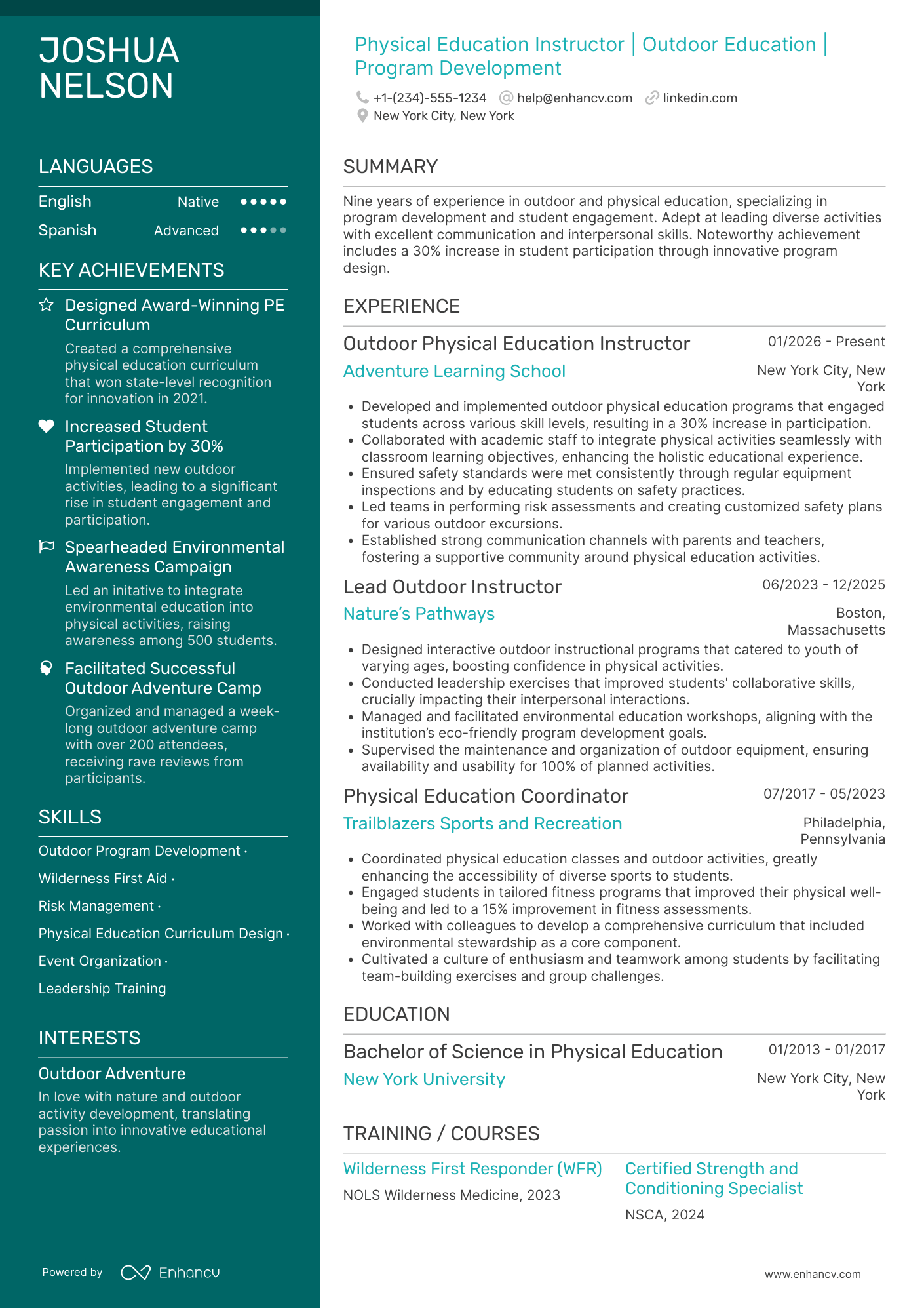 A resume example of a Outdoor Physical Education Instructor