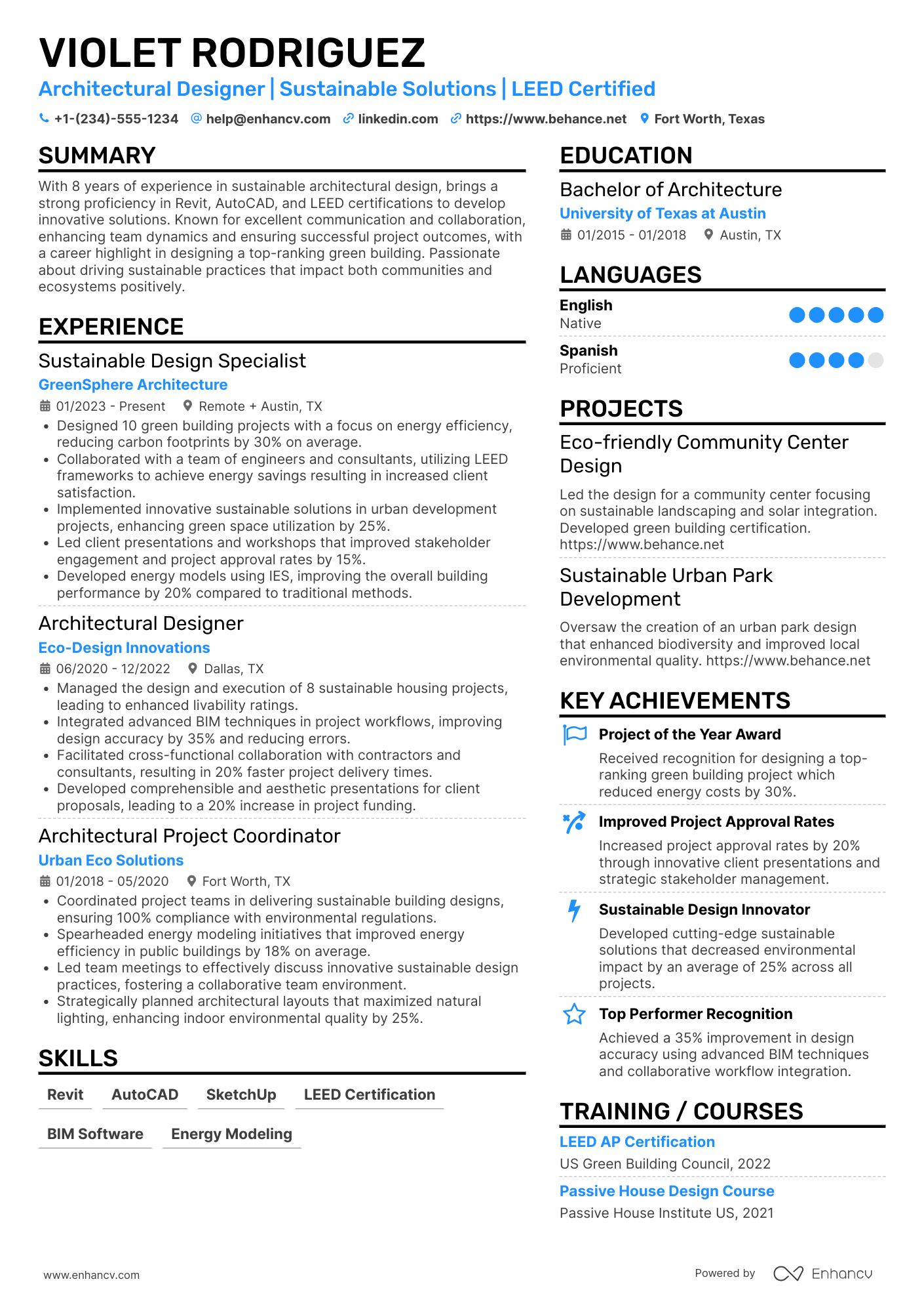 A resume example of a Sustainable Design Architectural Designer