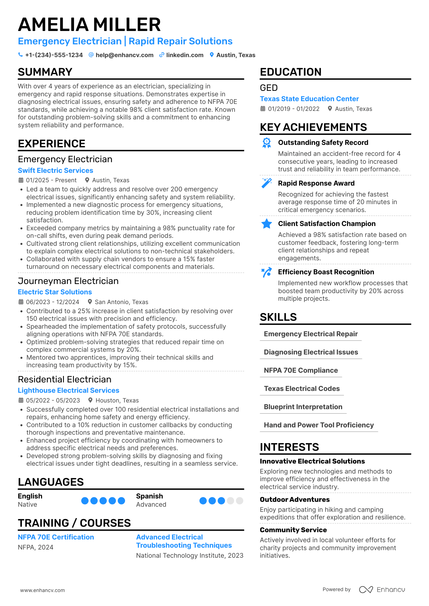 A resume example of a Emergency Electrician