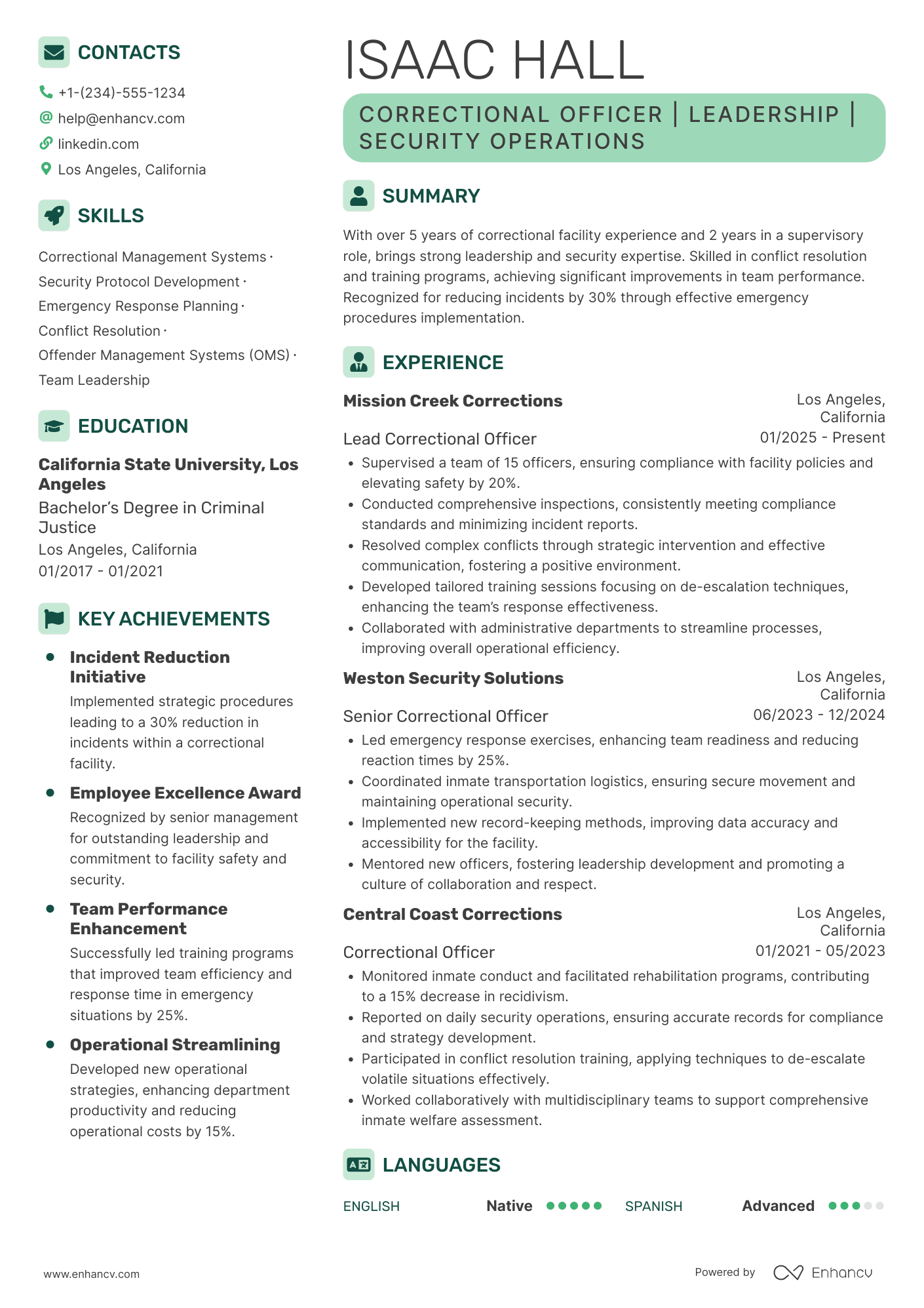 A resume example of a Lead Correctional Officer