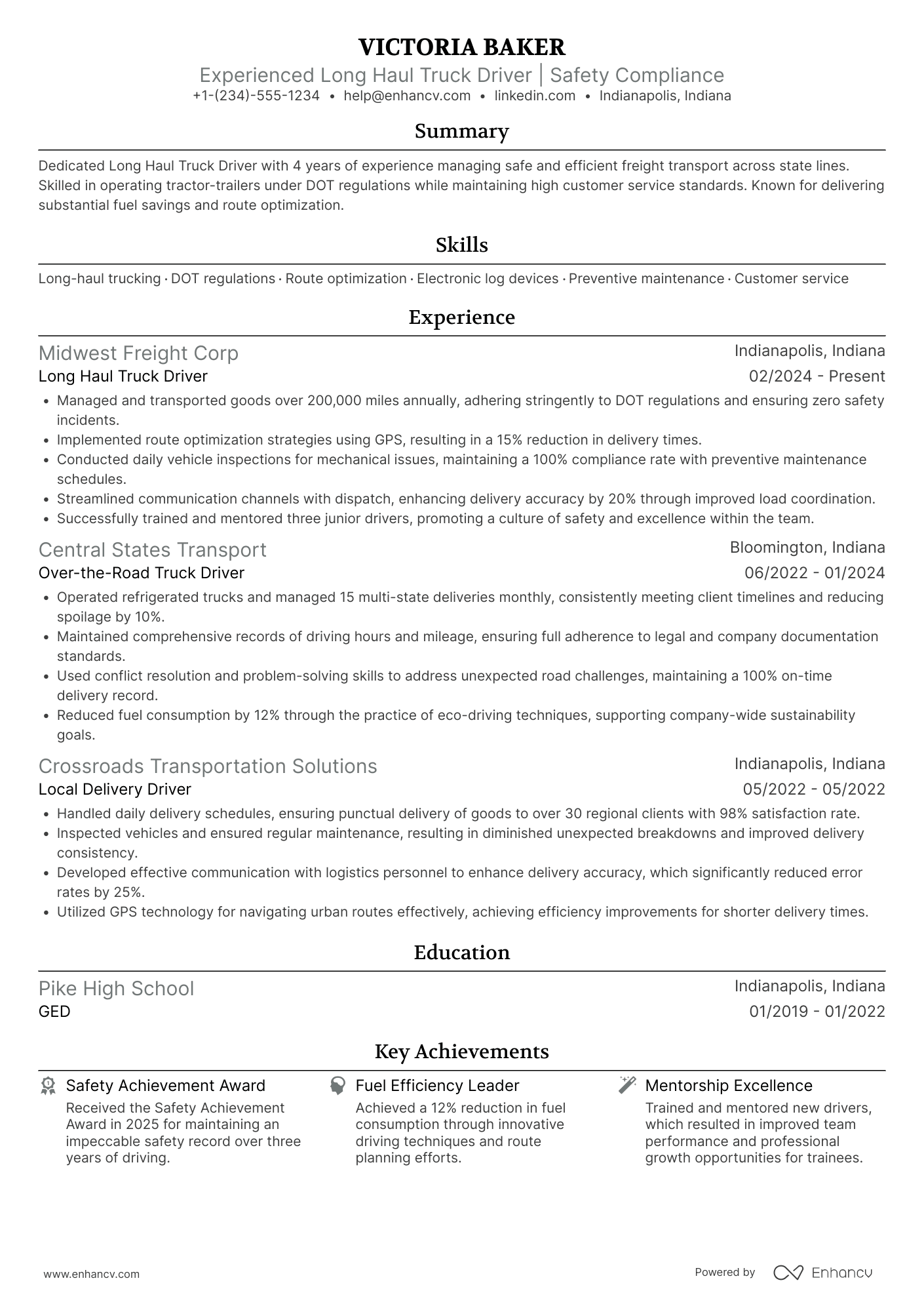 A resume example of a Long Haul Truck Driver