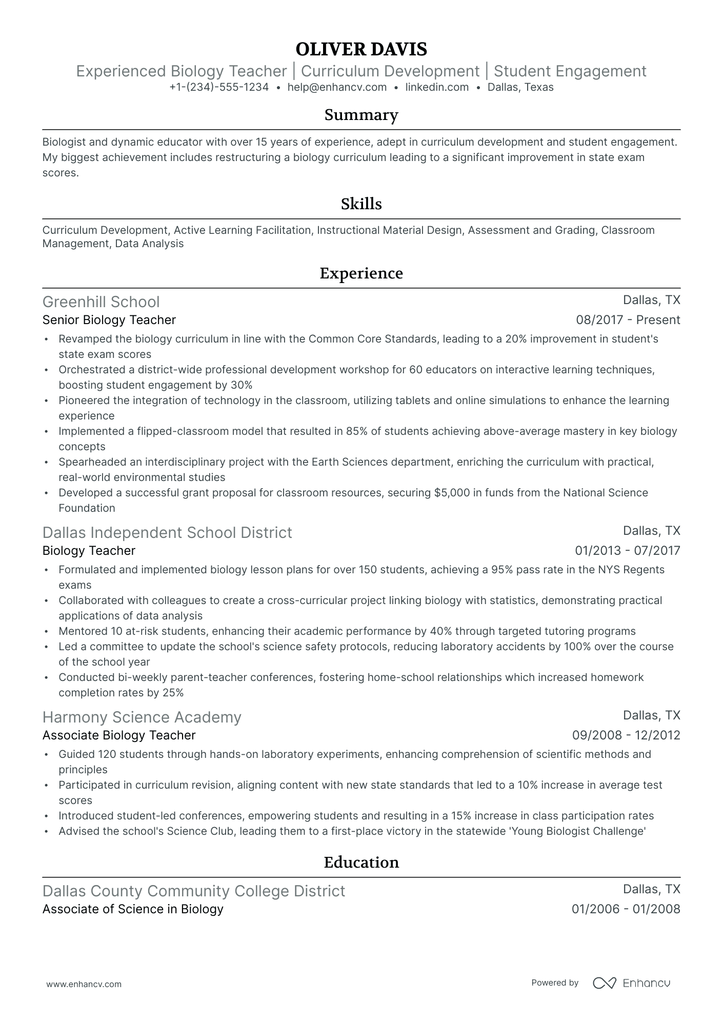 objective for resume for biology teacher