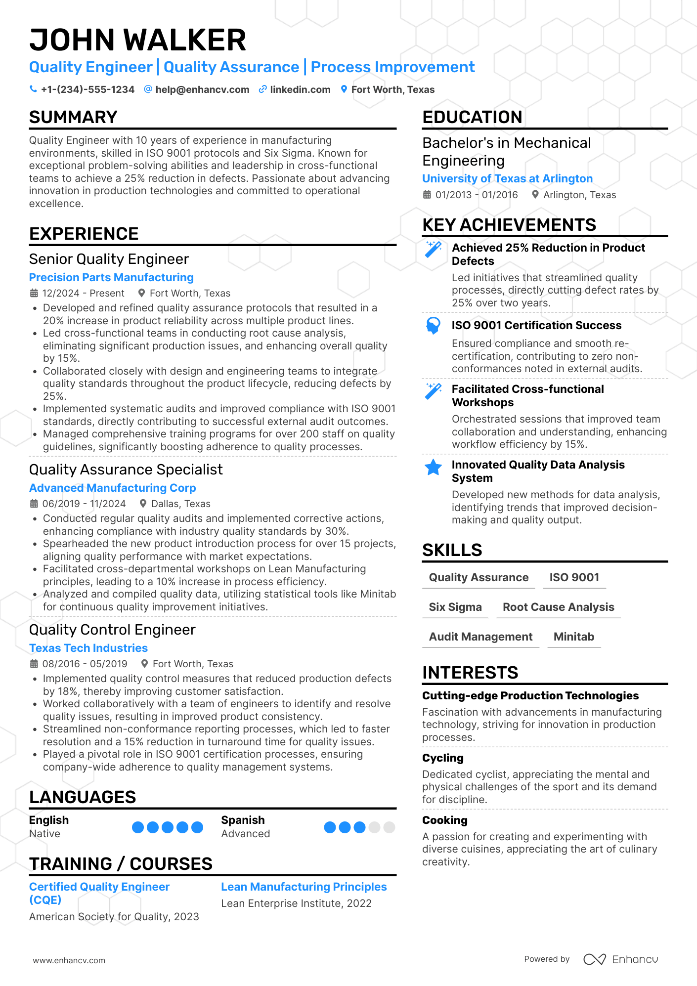 A resume example of a Quality Engineer