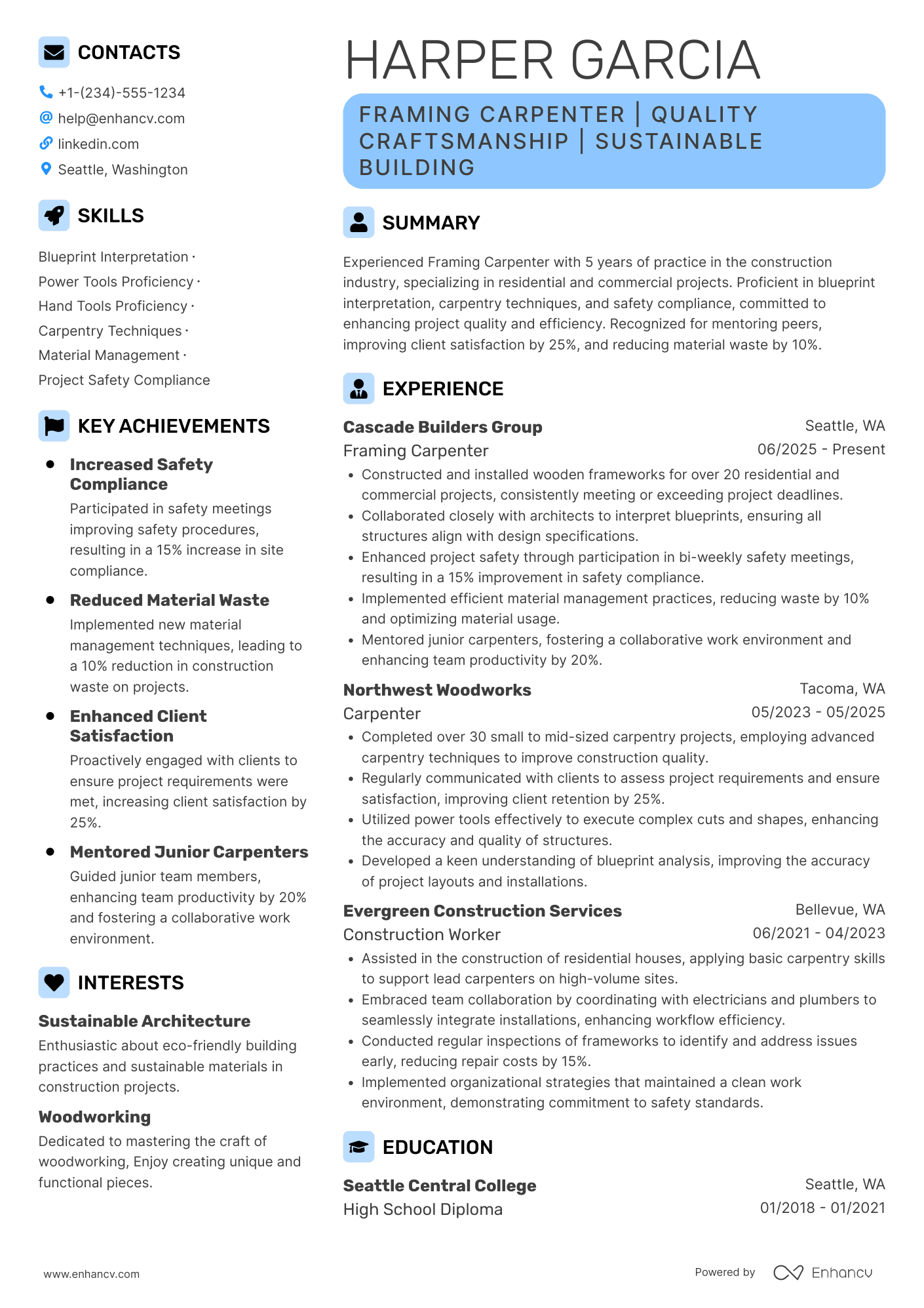 A resume example of a Framing Carpenter