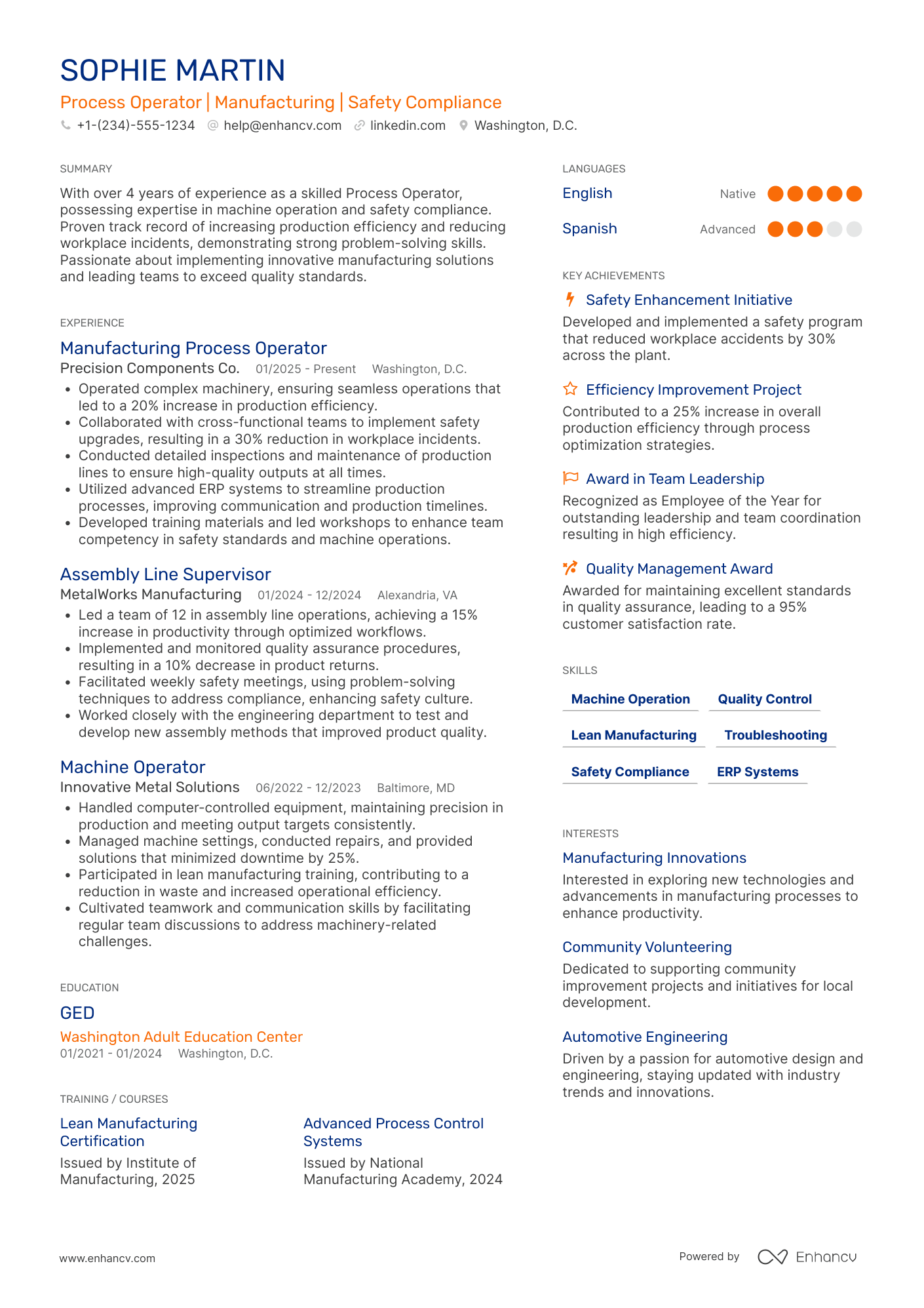 A resume example of a Factory Process Operator