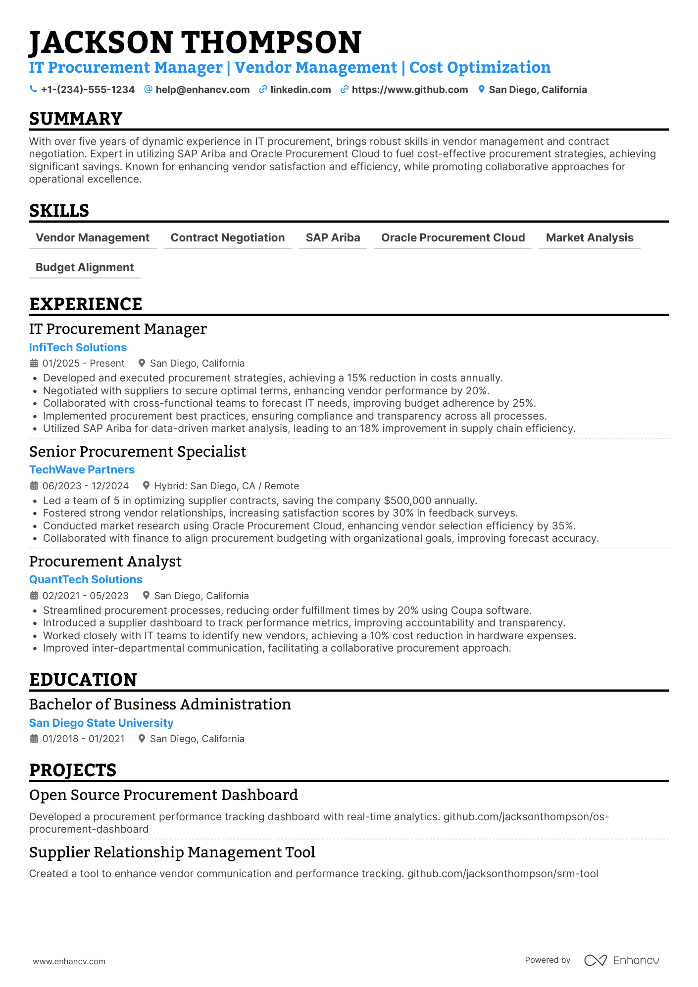 A resume example of a IT Procurement Manager