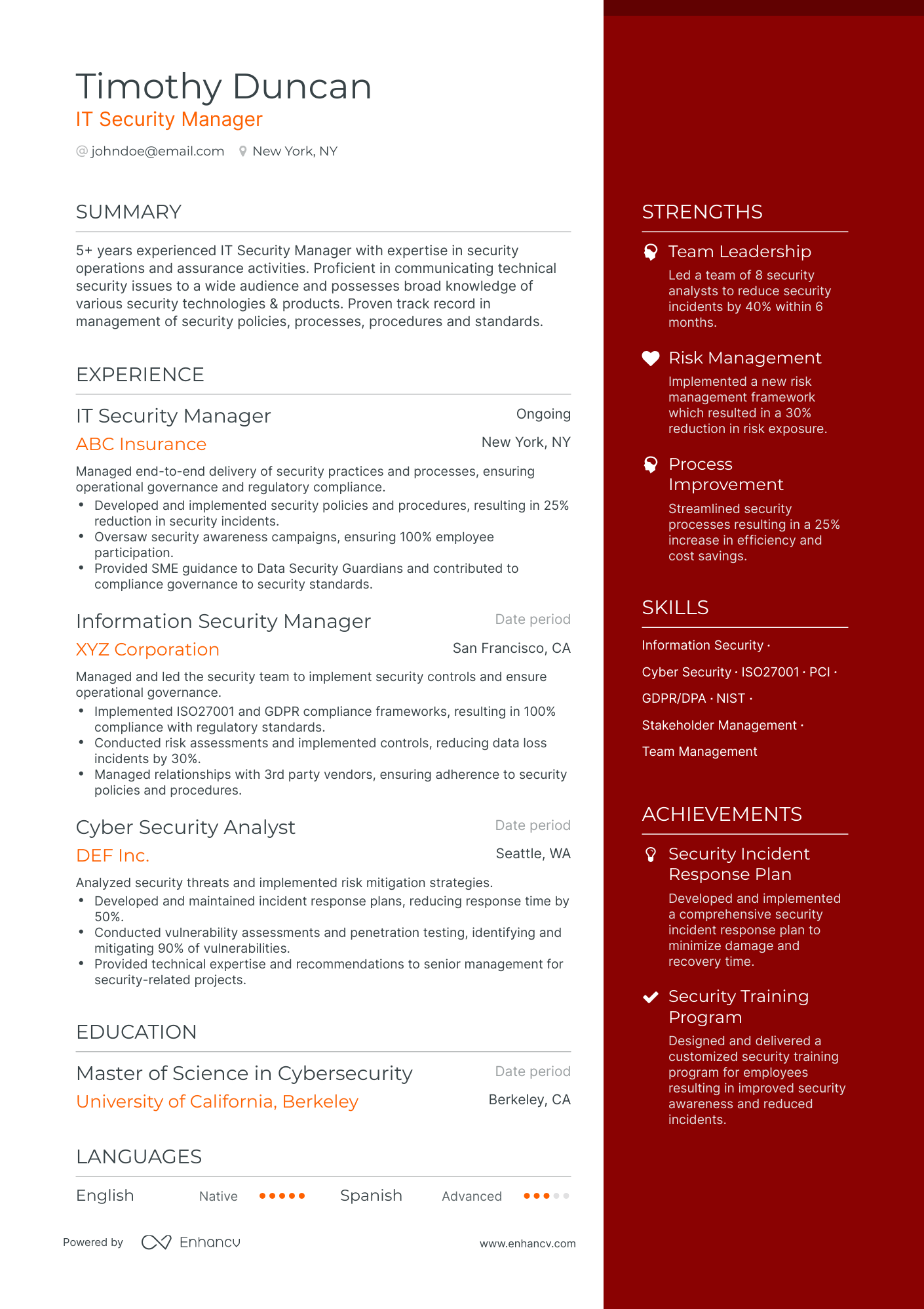 One Page IT Security Manager Resume Template