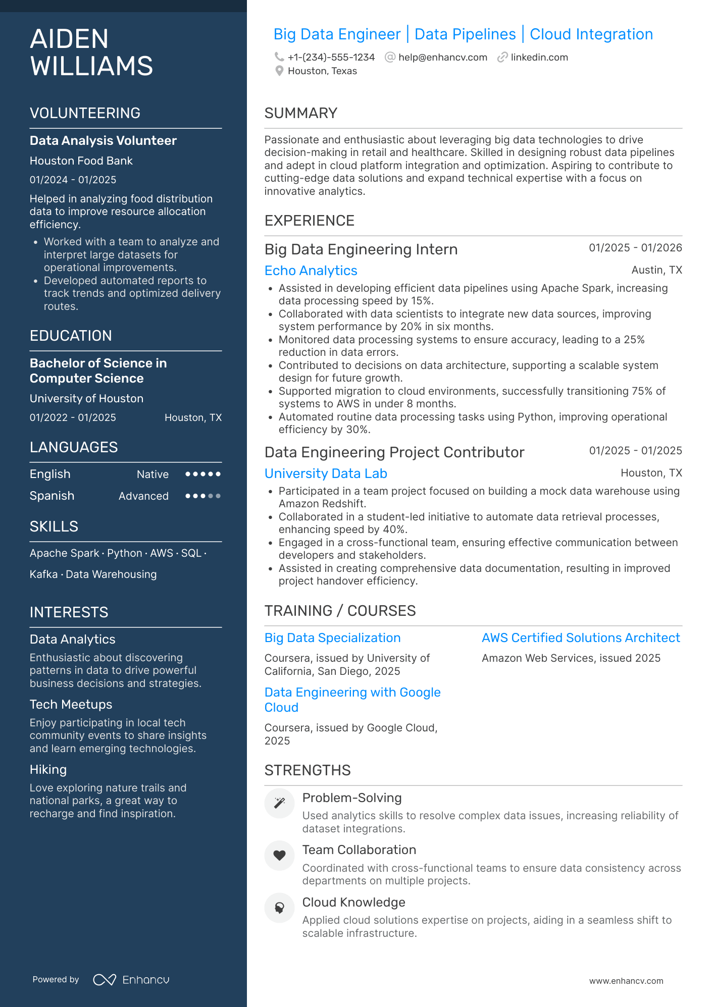 A resume example of a Entry Level Big Data Engineer