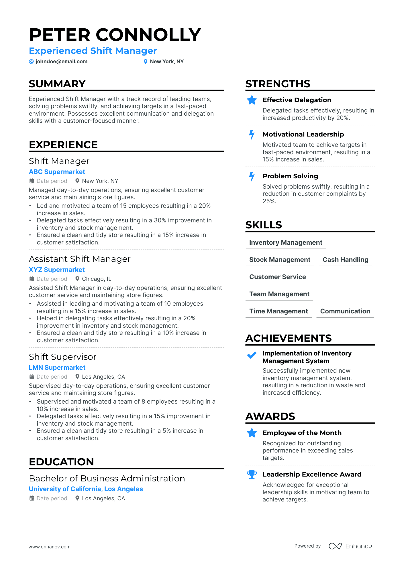 A resume example of a Shift Manager
