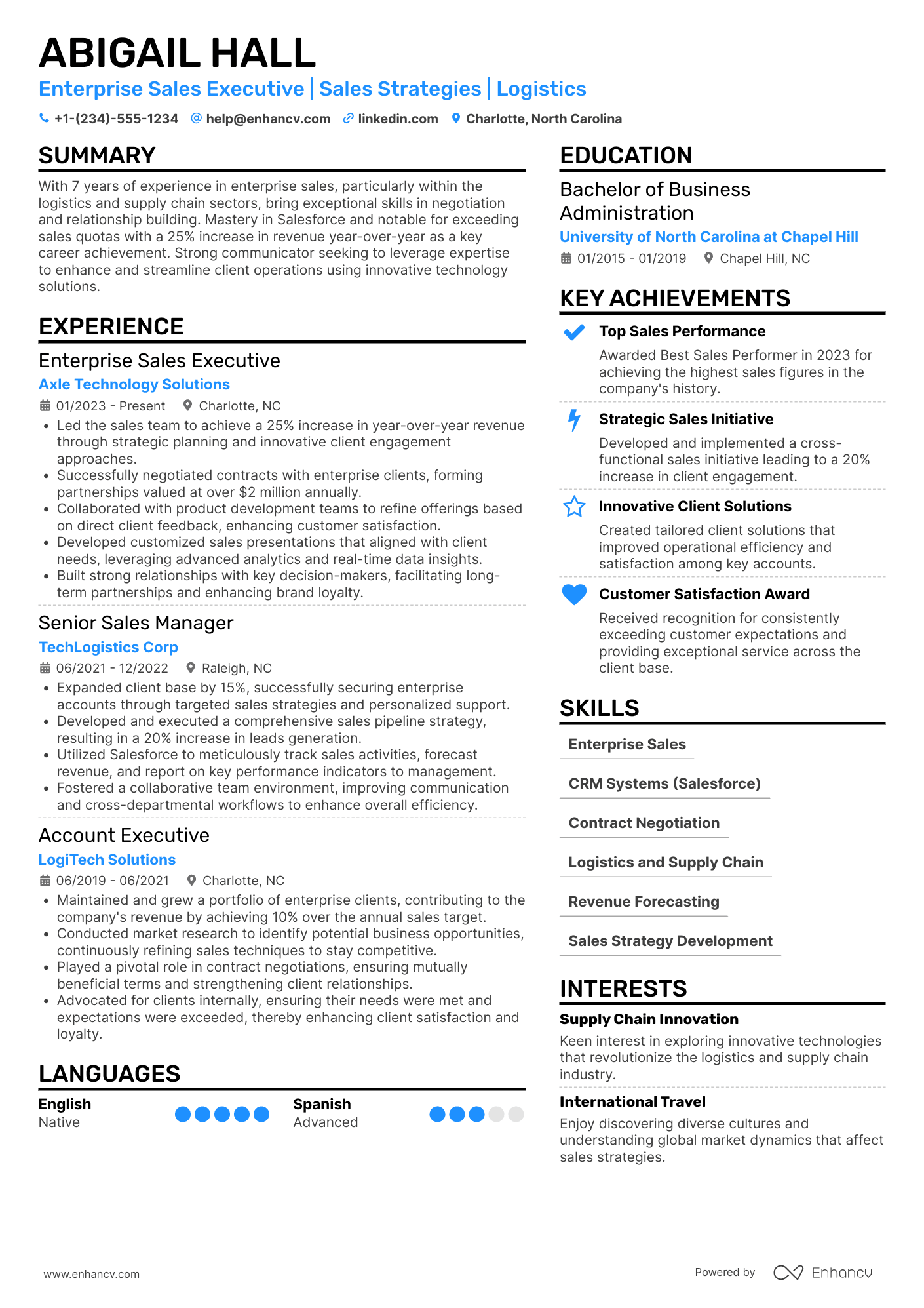 A resume example of a Enterprise Sales