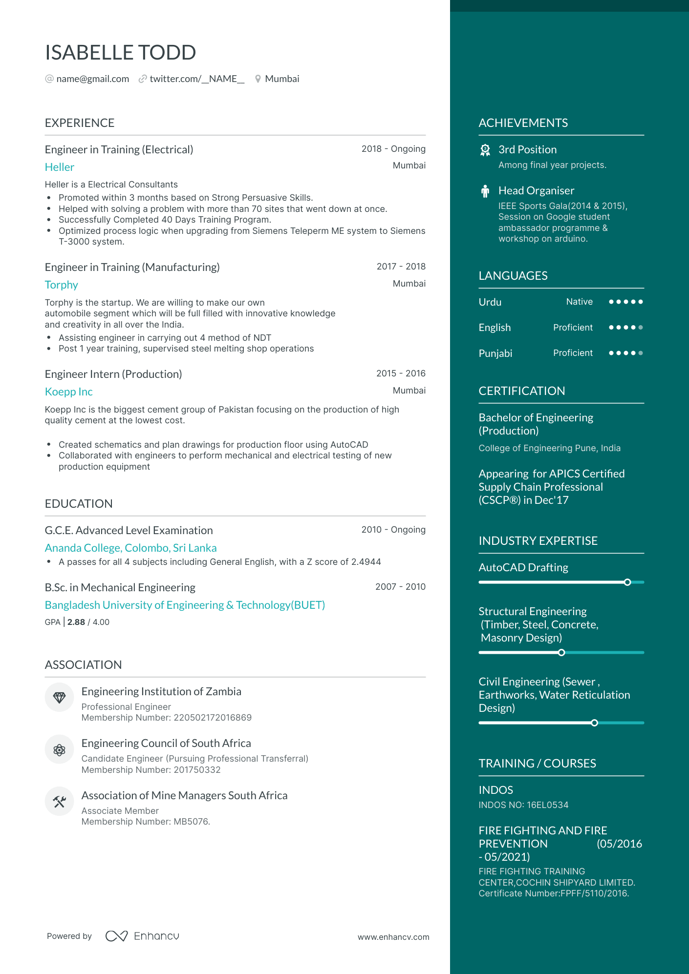 One Page Engineer in Training Resume Template