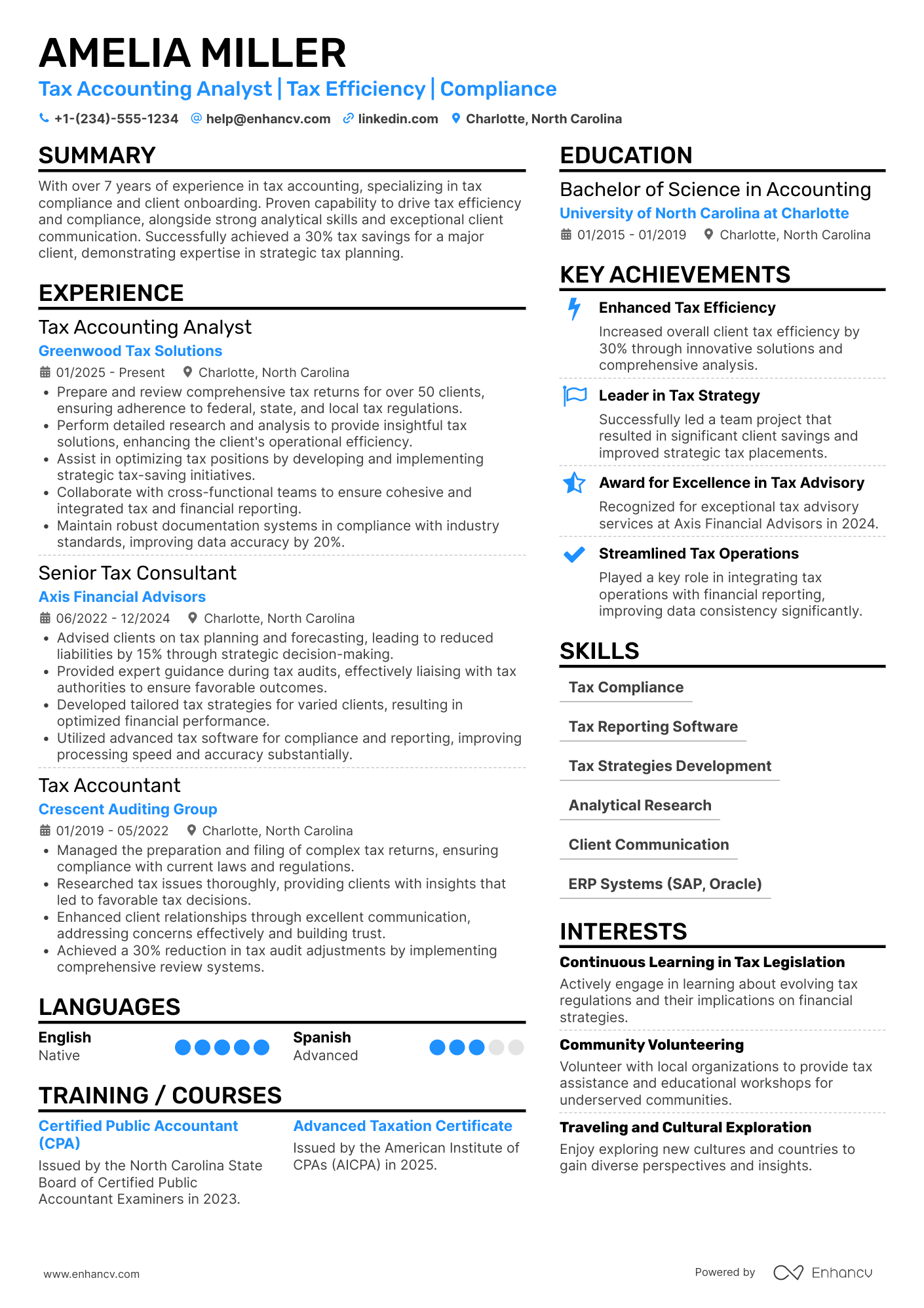 A resume example of a Tax Accounting Analyst
