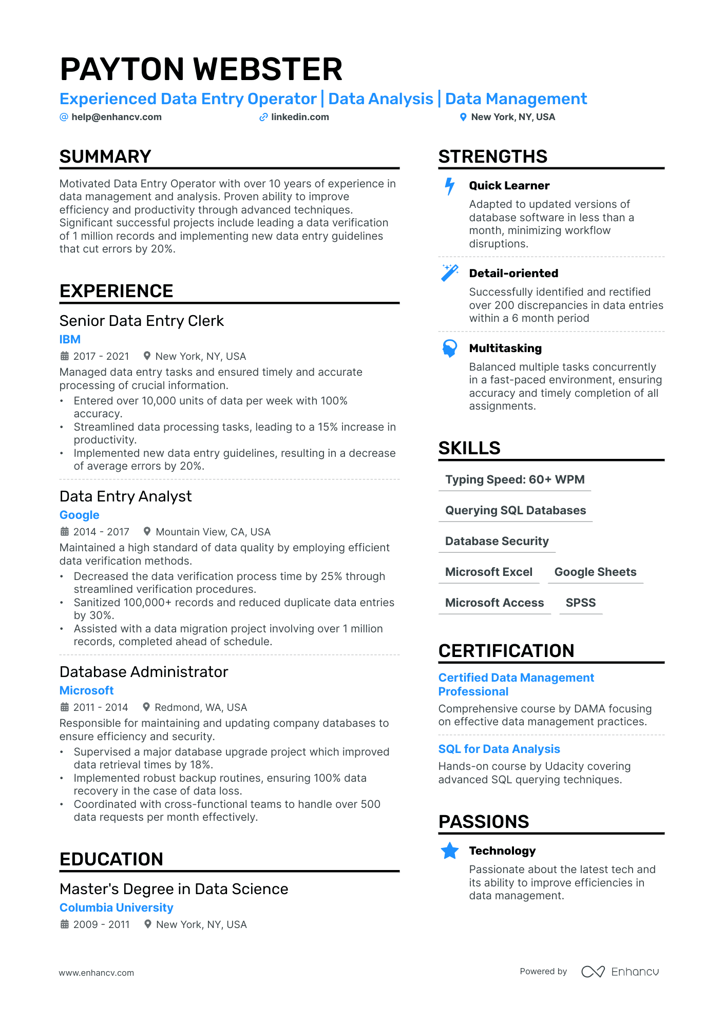 A resume example of a Data Entry Operator