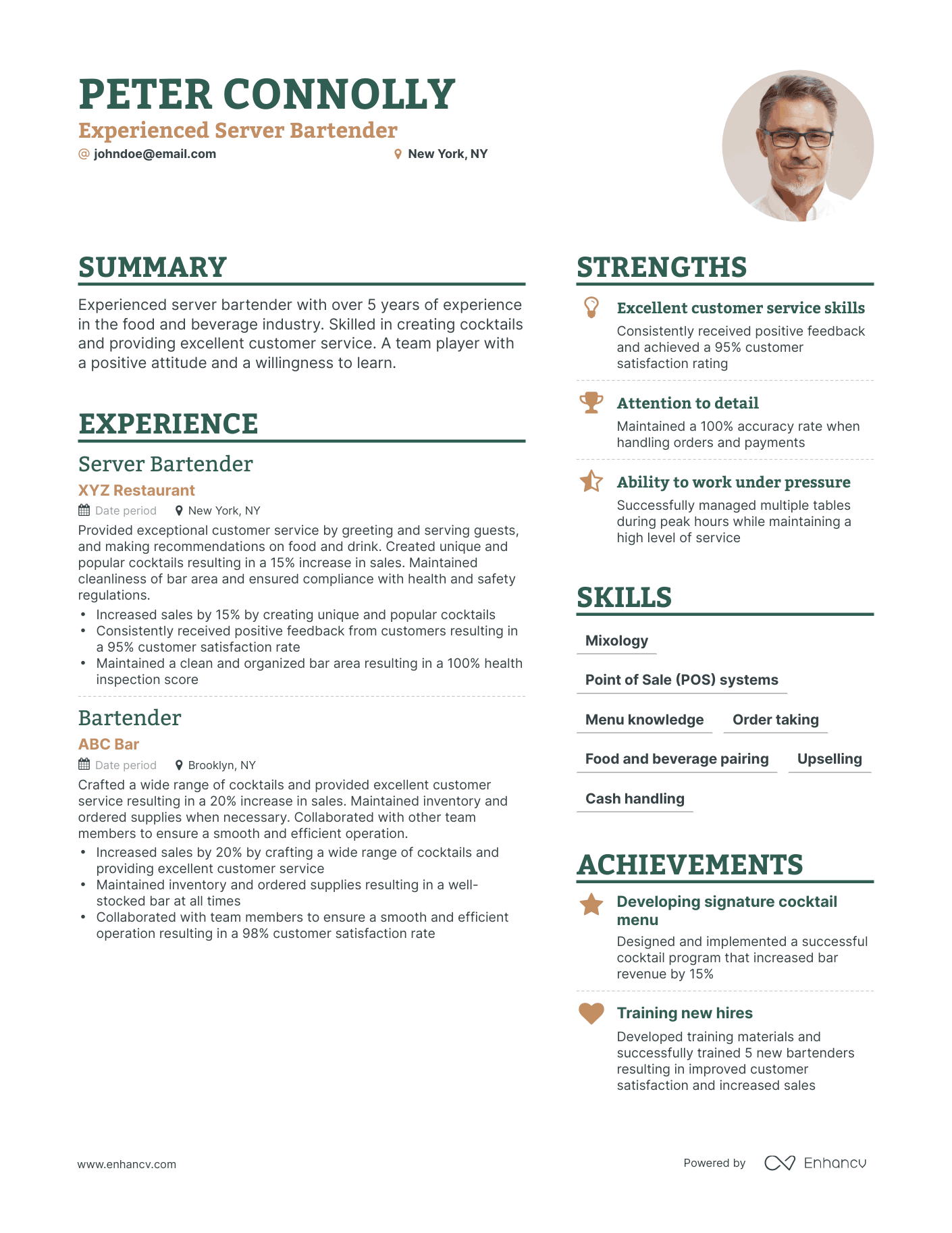 bartender customer service resume