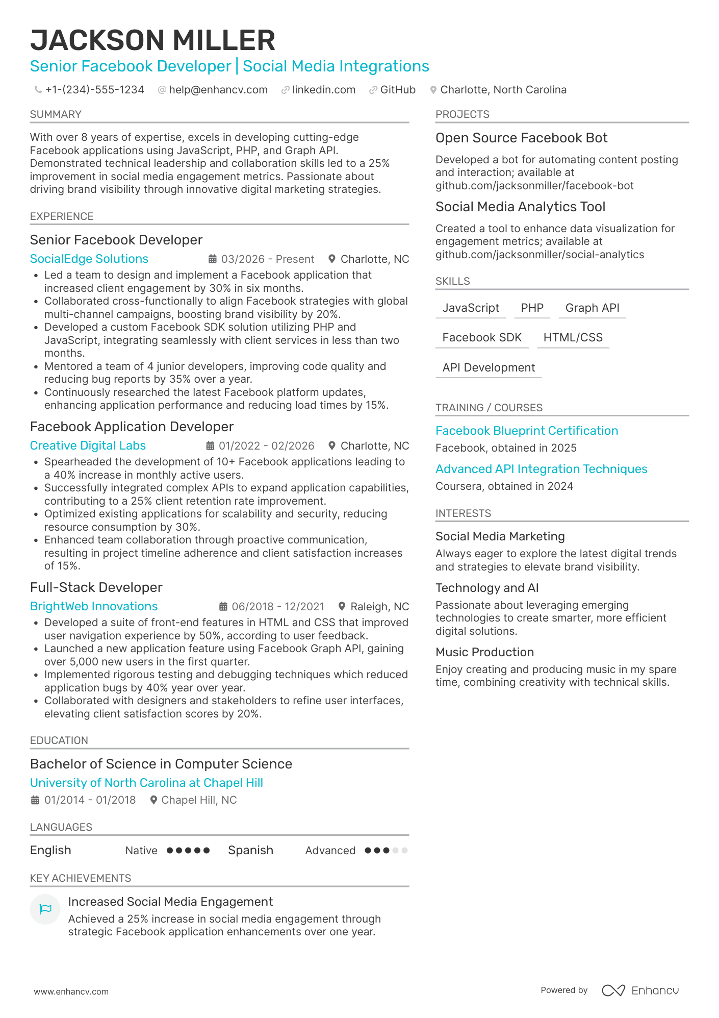 A resume example of a Senior Facebook Developer