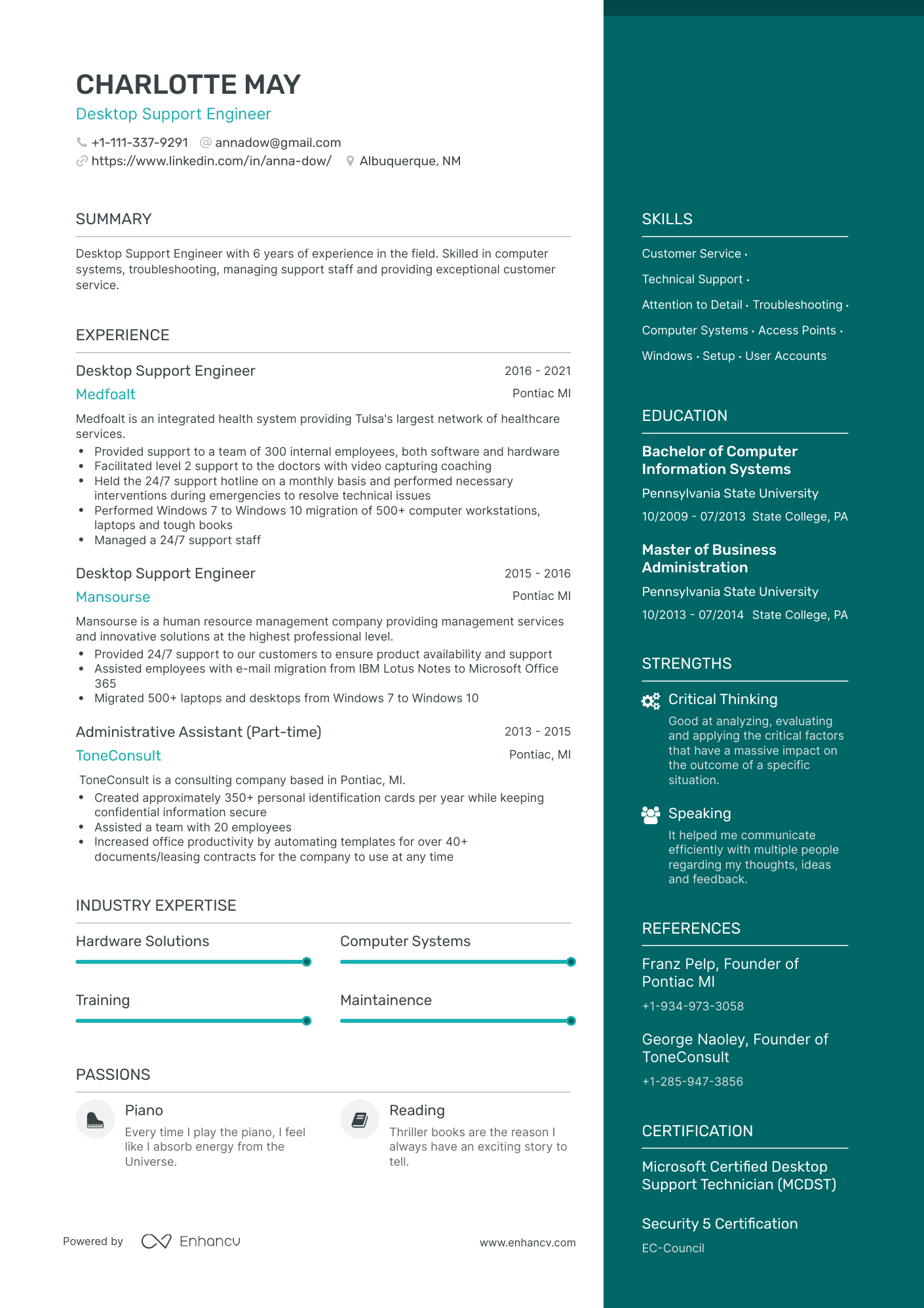 One Page Desktop Support Resume Template