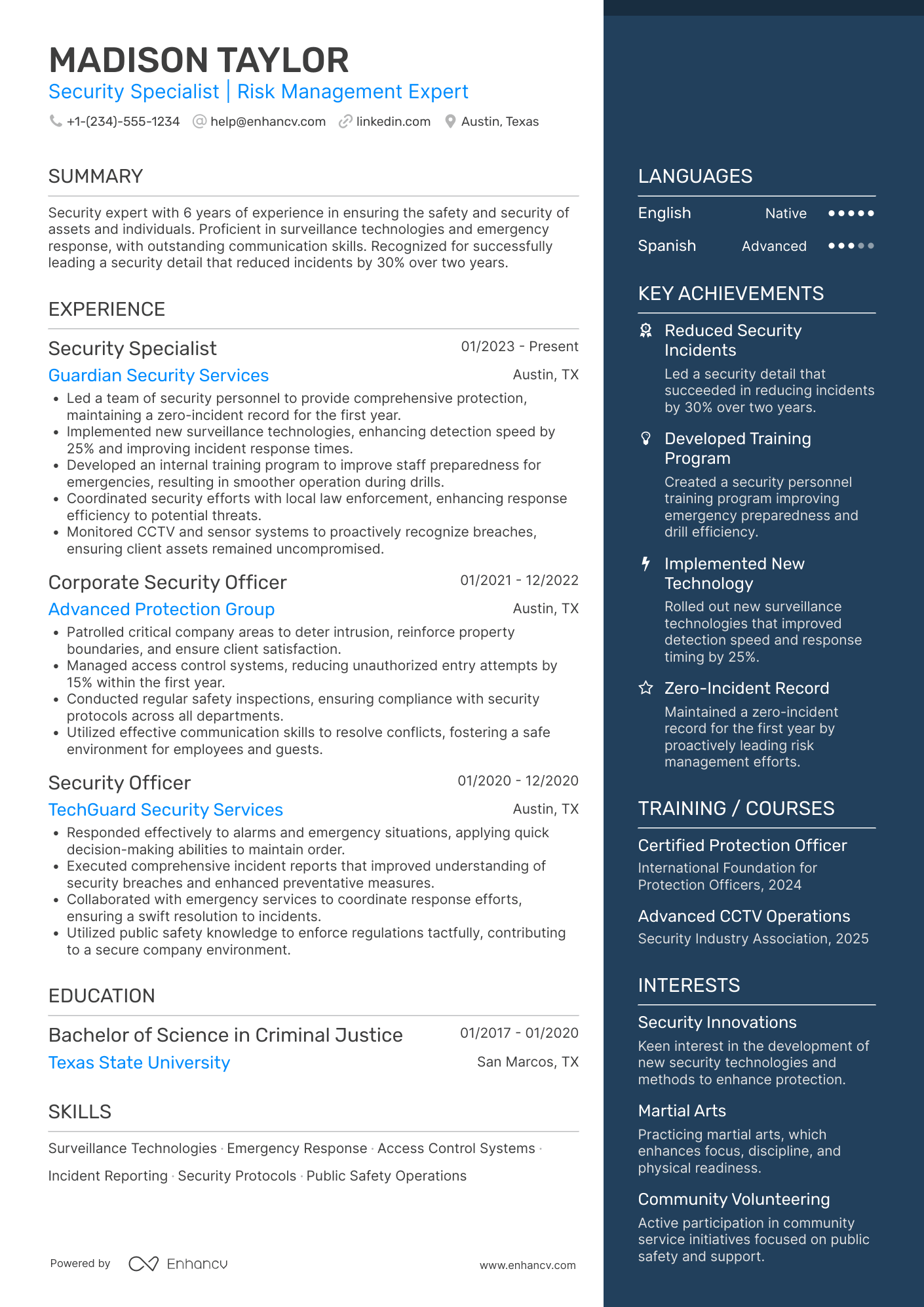 A resume example of a Protective Security Officer